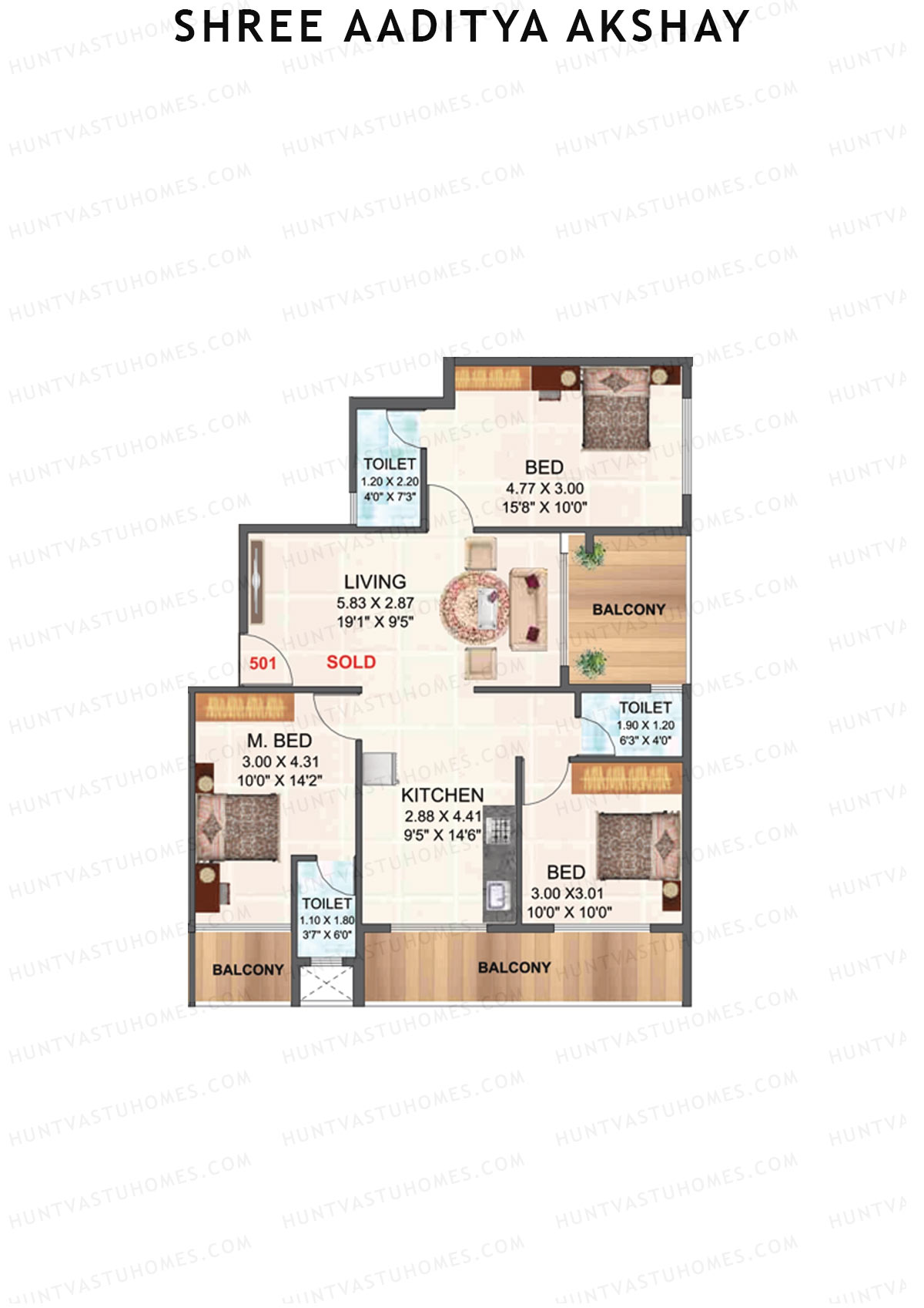 Shree Aaditya Akshay, Tower A, Unit 1, 3BHK, Carpet Area 751   sq ft 