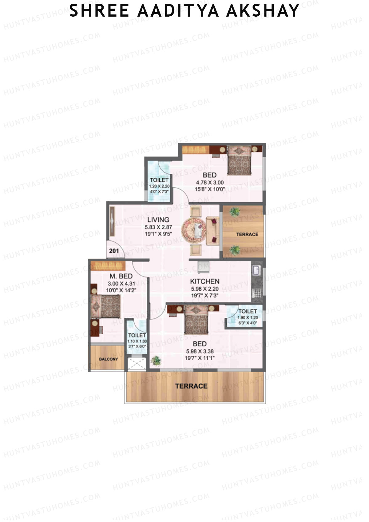 Shree Aaditya Akshay, Tower A, Unit 1, 3BHK, Carpet Area 804   sq ft 