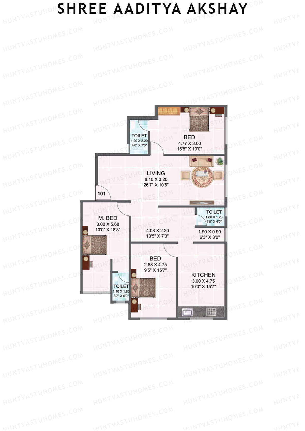 Shree Aaditya Akshay, Tower A, Unit 1, 3BHK, Carpet Area 859   sq ft 