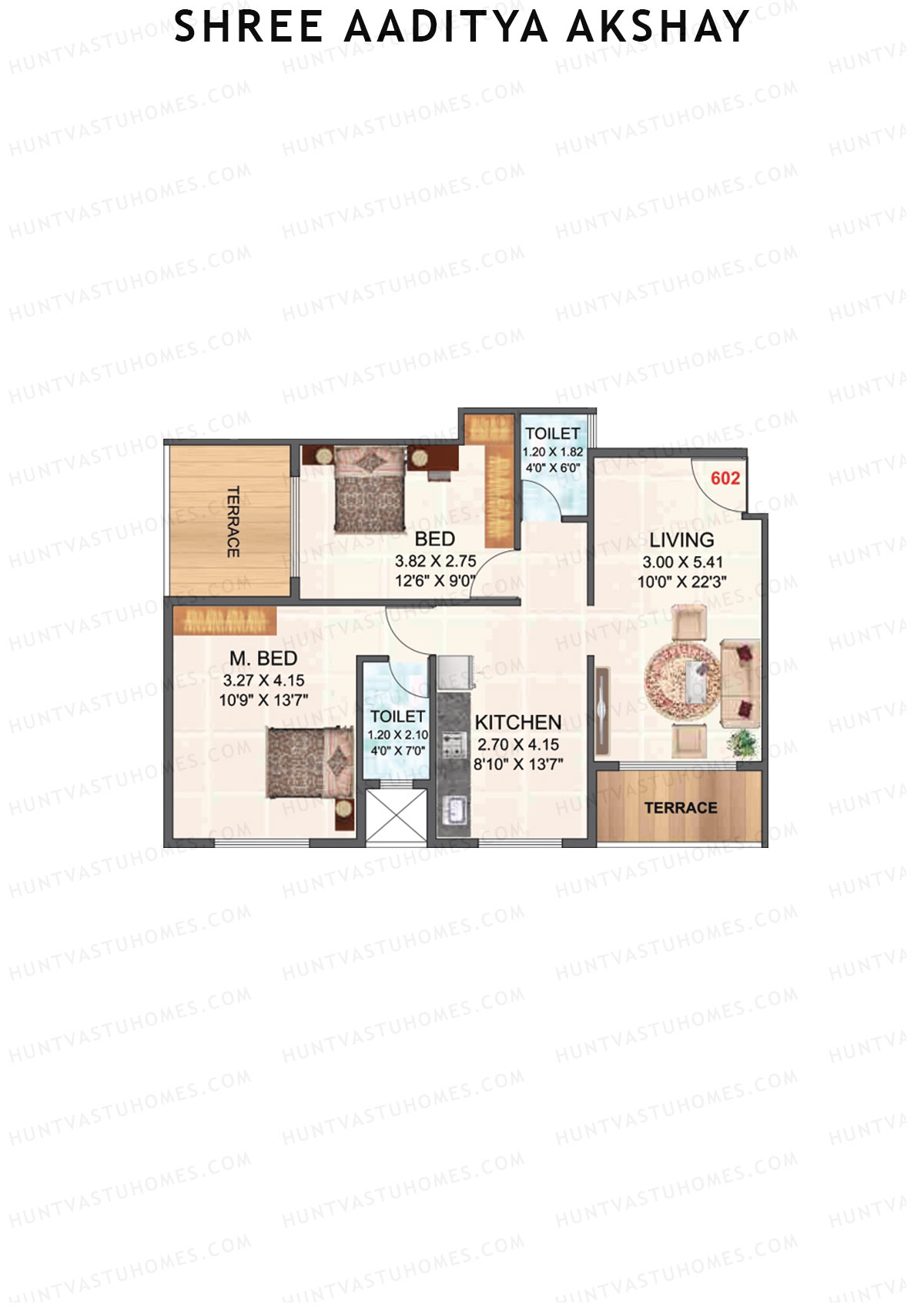 Shree Aaditya Akshay, Tower A, Unit 2, 2BHK, Carpet Area 537   sq ft 