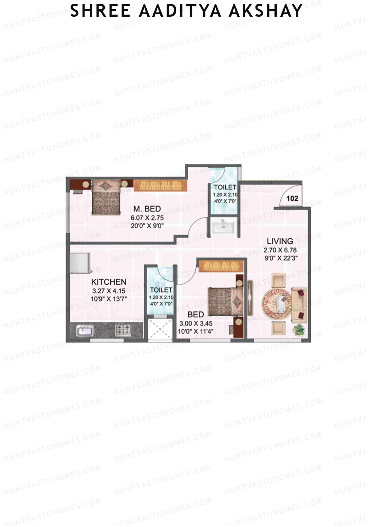 Shree Aaditya Akshay, Tower A, Unit 2, 2BHK, Carpet Area 567   sq ft 