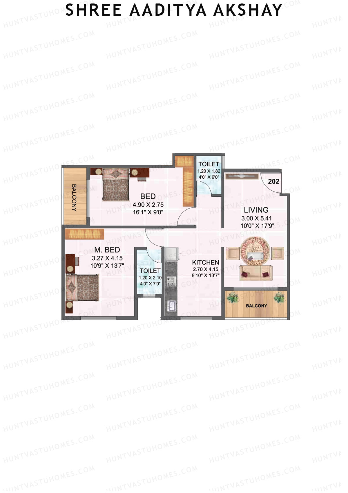 Shree Aaditya Akshay, Tower A, Unit 2, 2BHK, Carpet Area 604   sq ft 