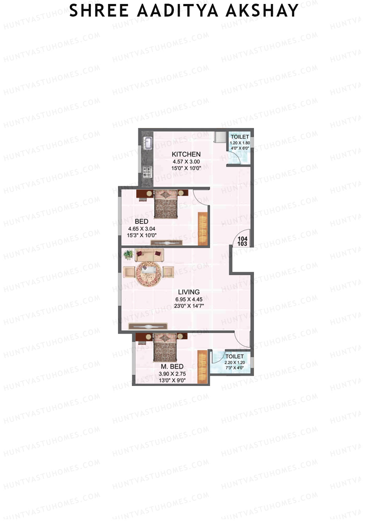 Shree Aaditya Akshay, Tower A, Unit 3 & 4, 2BHK, Carpet Area 708   sq ft 