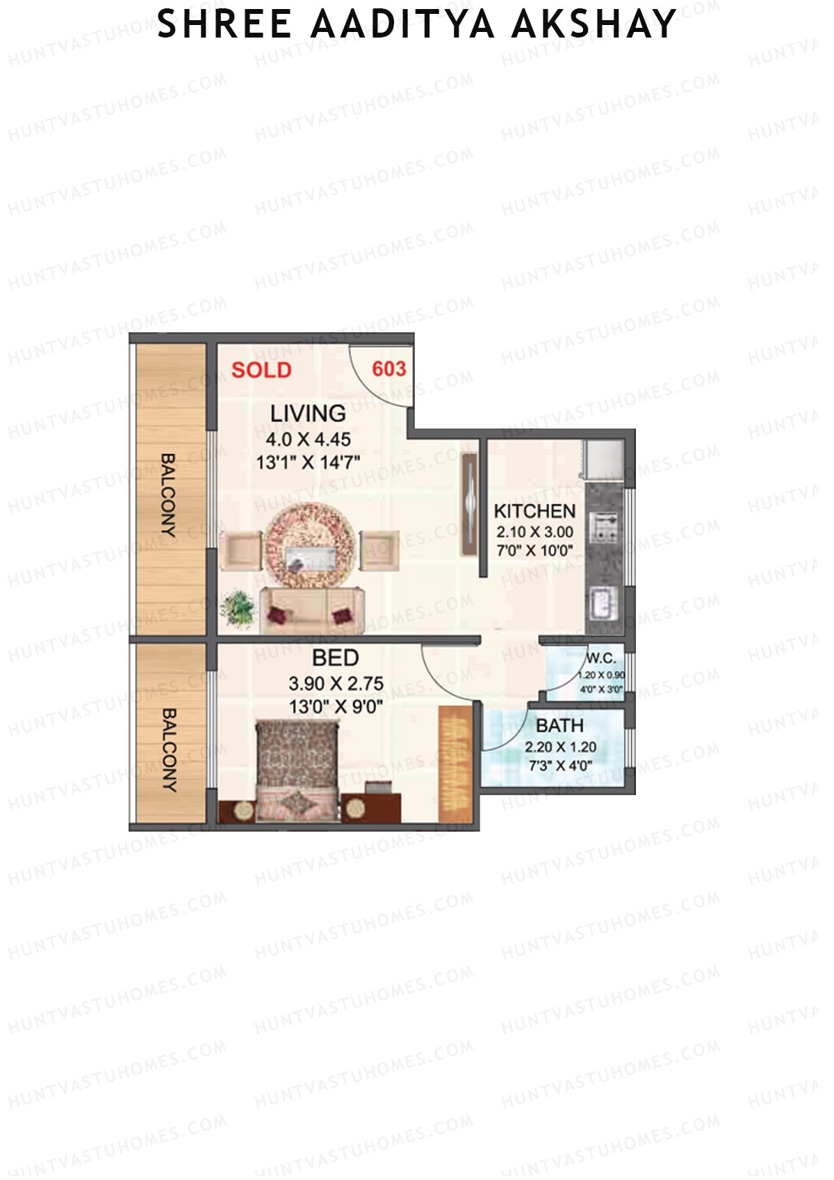 Shree Aaditya Akshay, Tower A, Unit 3, 1BHK, Carpet Area 422   sq ft 