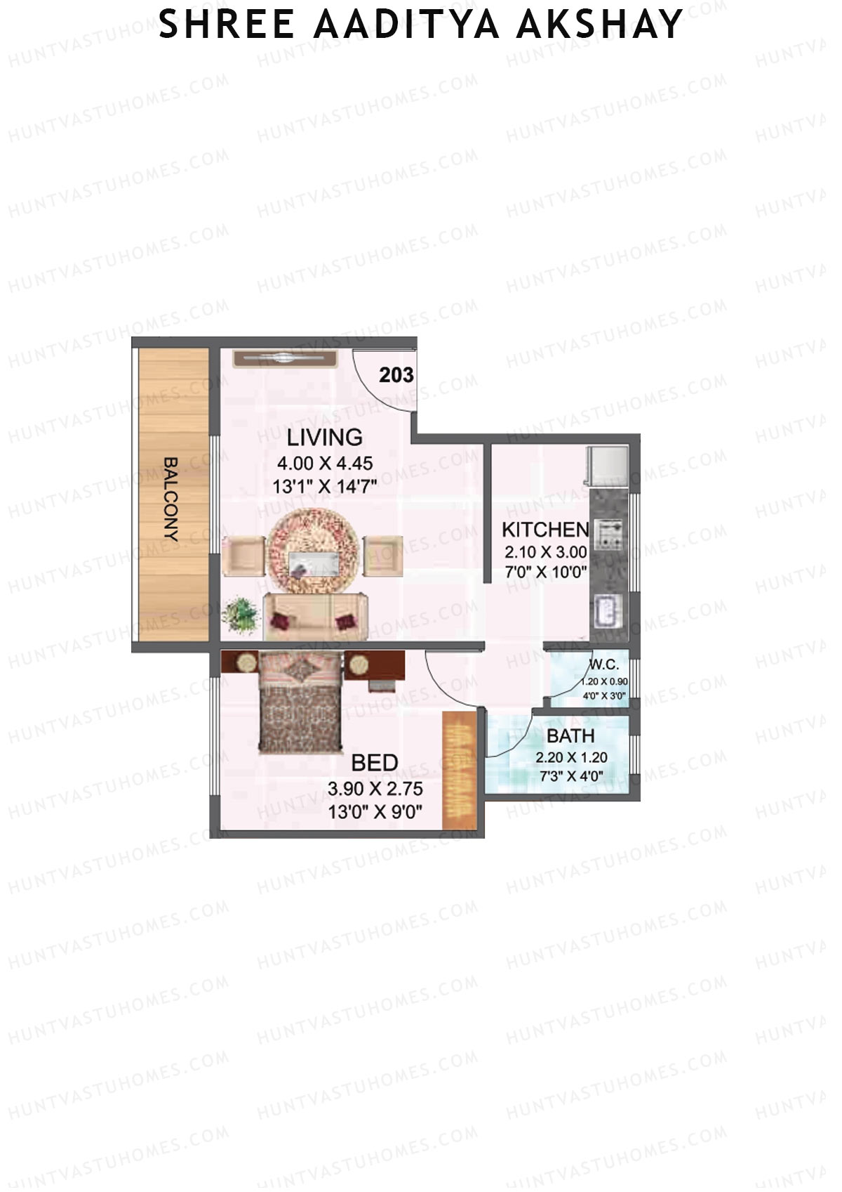 Shree Aaditya Akshay, Tower A, Unit 3, 1BHK, Carpet Area 383   sq ft 