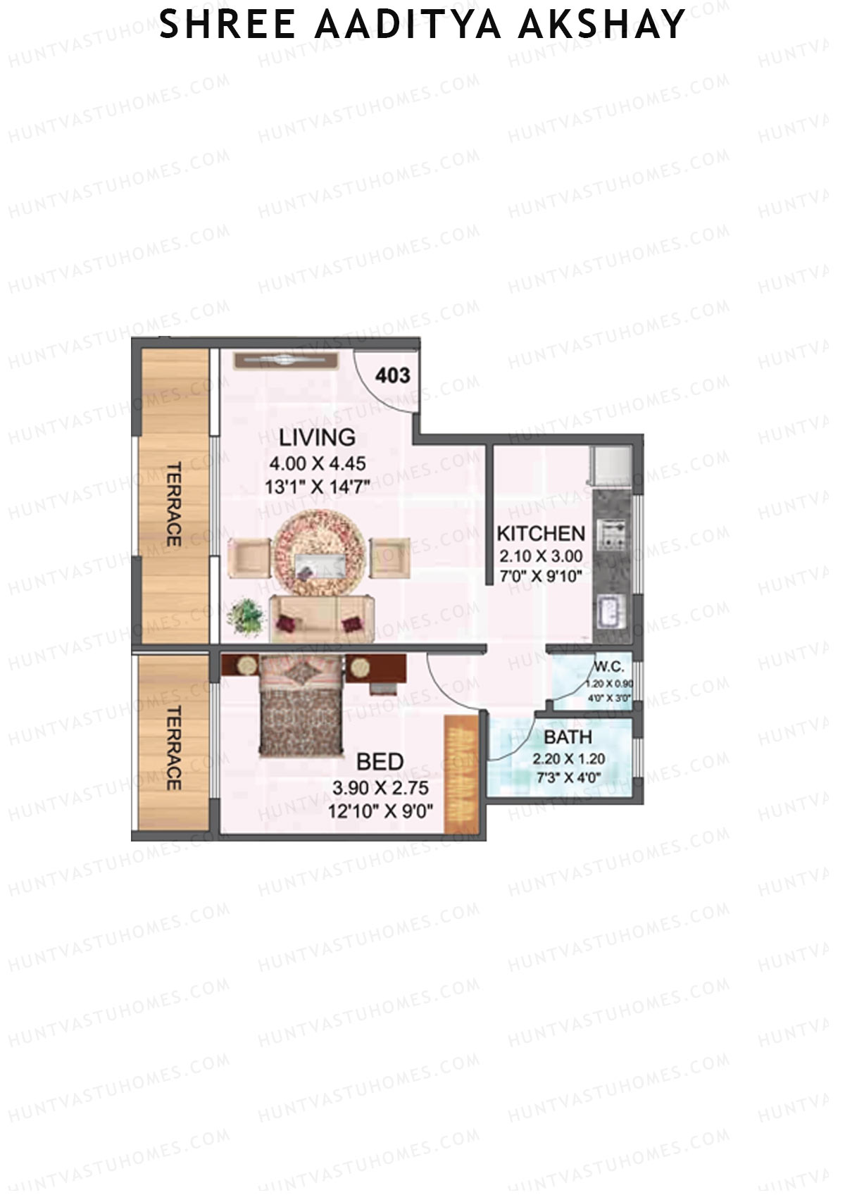 Shree Aaditya Akshay, Tower A, Unit 3, 1BHK, Carpet Area 396   sq ft 