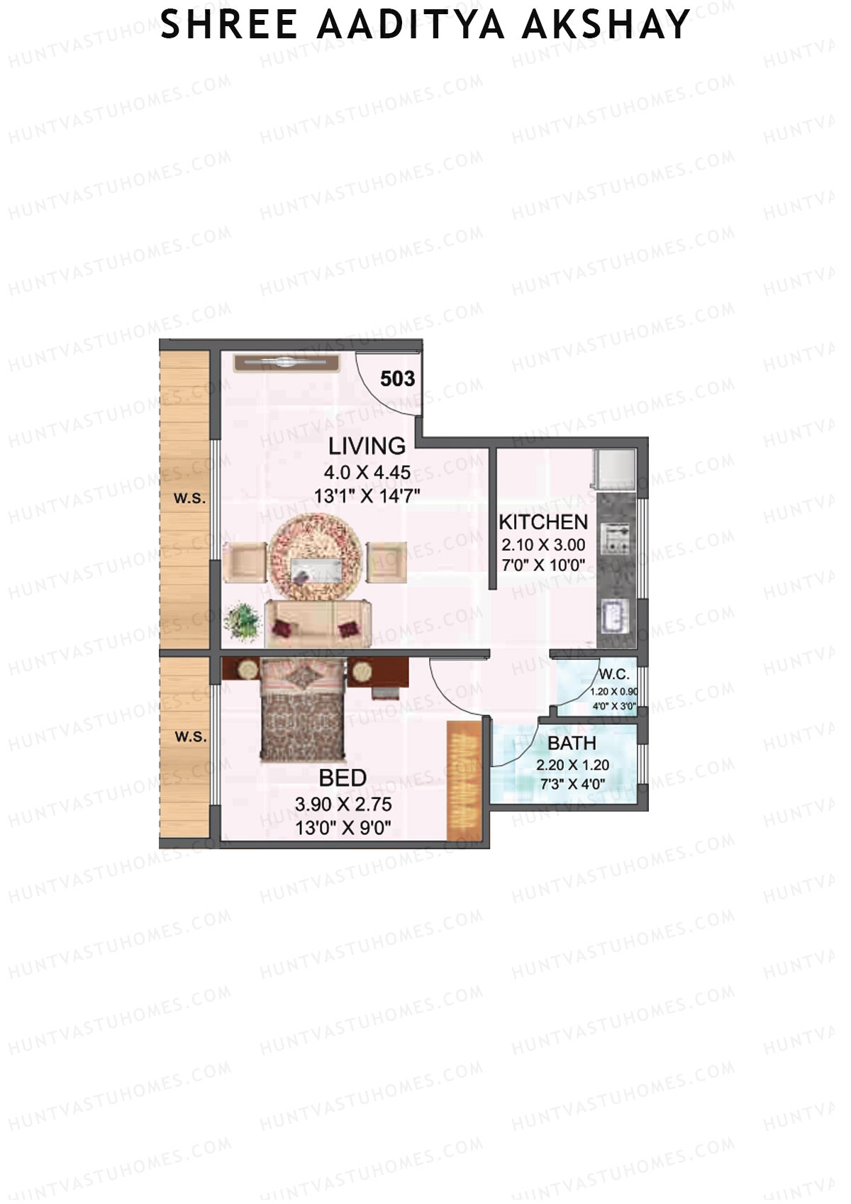 Shree Aaditya Akshay, Tower A, Unit 3, 1BHK, Carpet Area 422   sq ft 