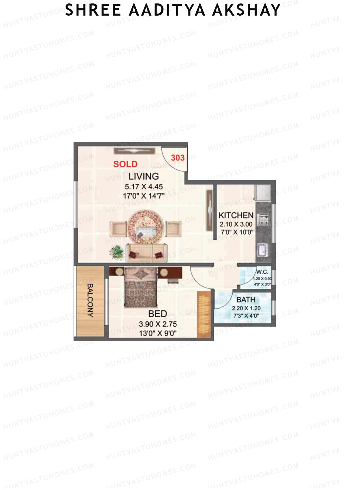 Shree Aaditya Akshay, Tower A, Unit 3, 1BHK, Carpet Area 423   sq ft 