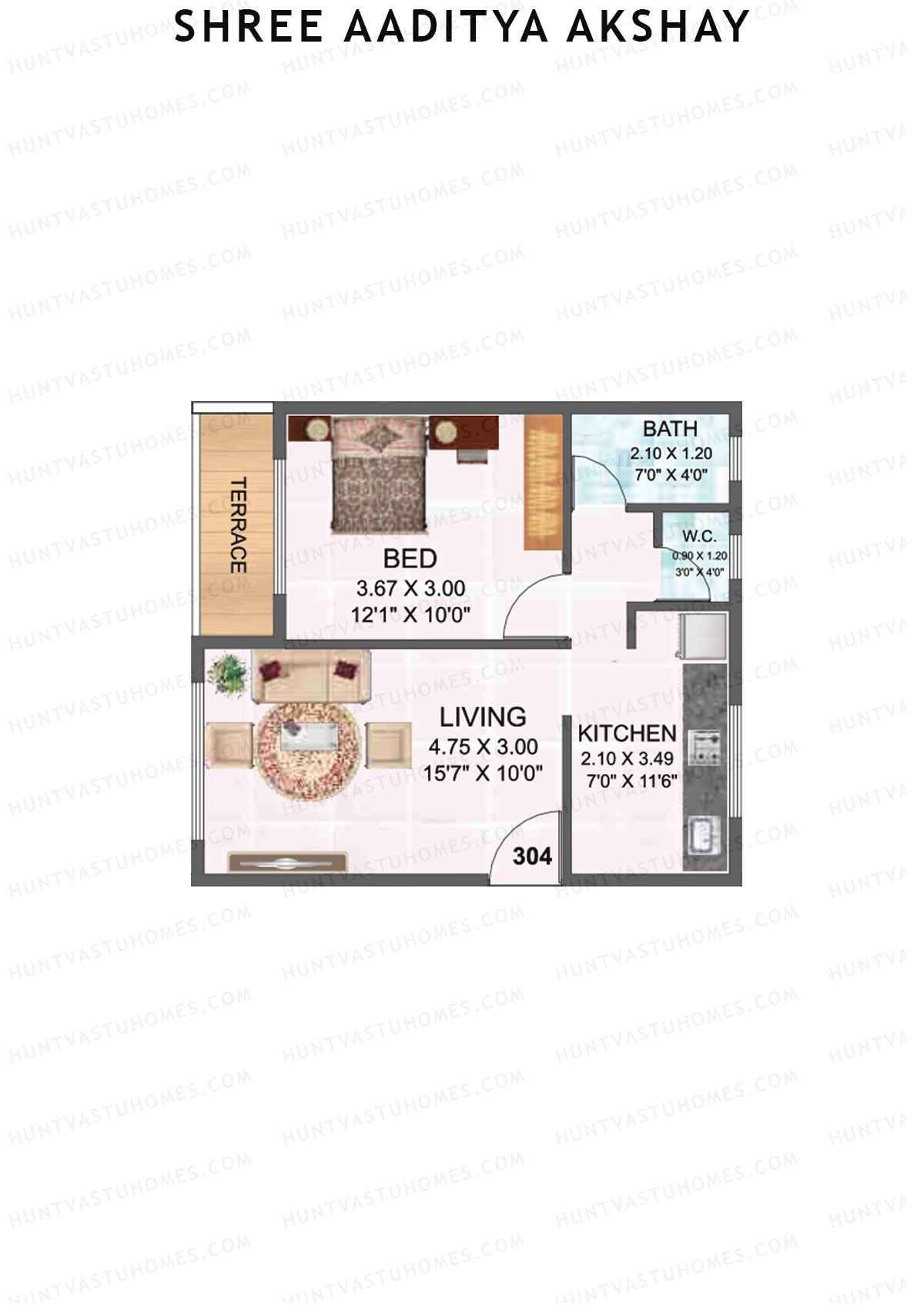 Shree Aaditya Akshay, Tower A, Unit 4, 1BHK, Carpet Area 368   sq ft 