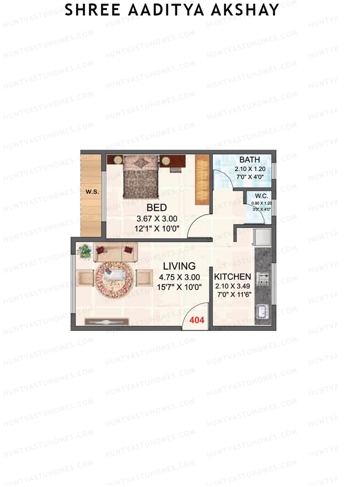 Shree Aaditya Akshay, Tower A, Unit 4, 1BHK, Carpet Area 368   sq ft 
