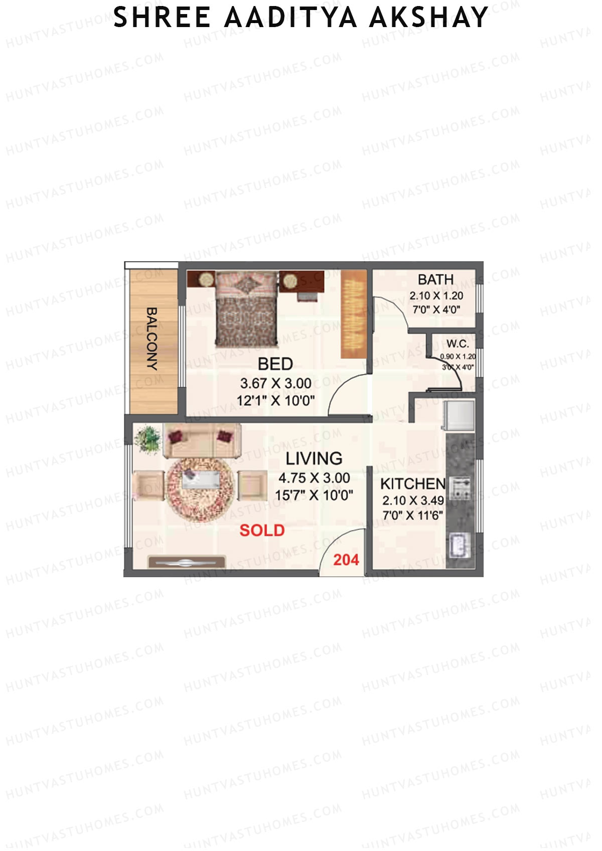 Shree Aaditya Akshay, Tower A, Unit 4, 1BHK, Carpet Area 368   sq ft 