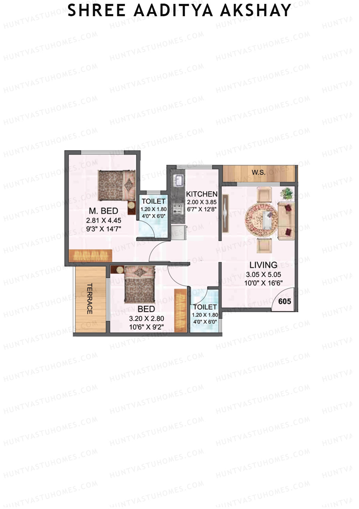 Shree Aaditya Akshay, Tower A, Unit 5, 2BHK, Carpet Area 498   sq ft 