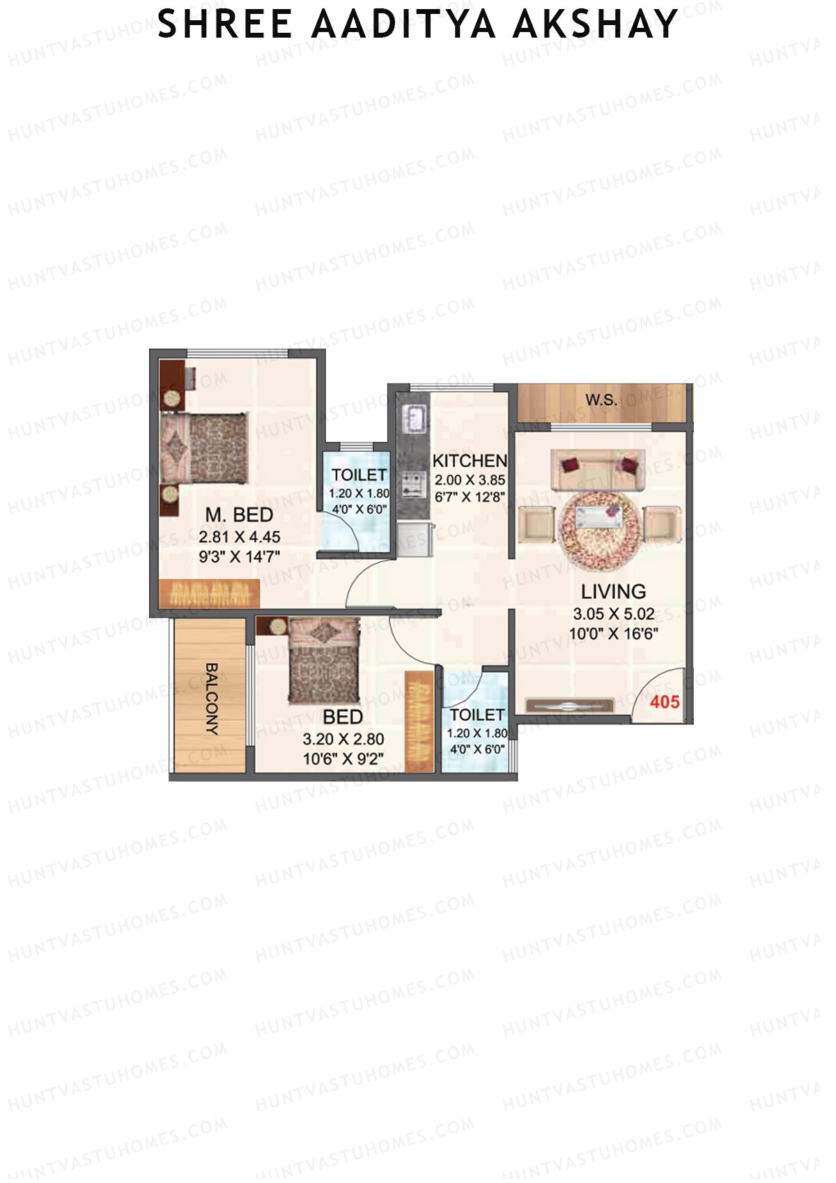 Shree Aaditya Akshay, Tower A, Unit 5, 2BHK, Carpet Area 499   sq ft 