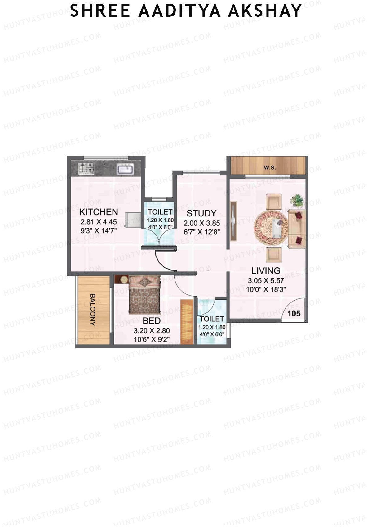 Shree Aaditya Akshay, Tower A, Unit 5, 1BHK, Carpet Area 420   sq ft 