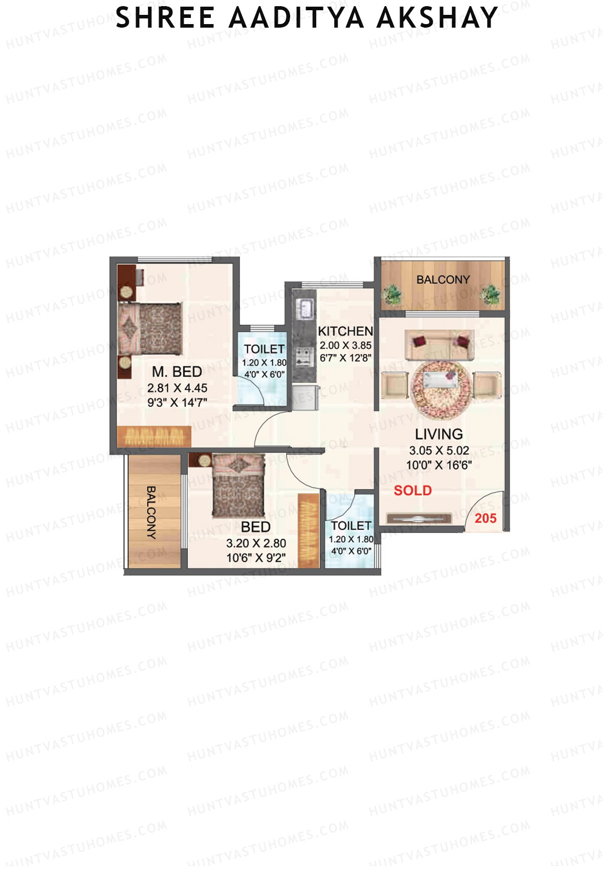 Shree Aaditya Akshay, Tower A, Unit 5, 2BHK, Carpet Area 499   sq ft 