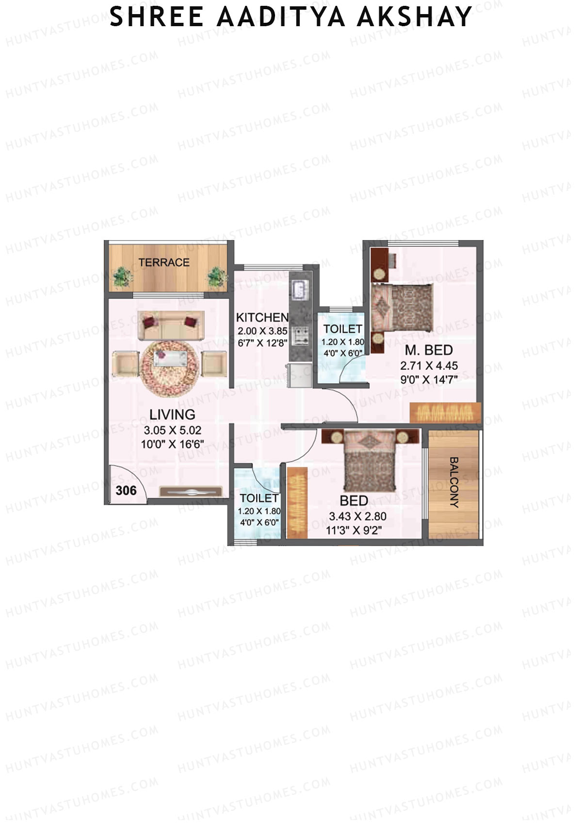 Shree Aaditya Akshay, Tower A, Unit 6, 2BHK, Carpet Area 502   sq ft 