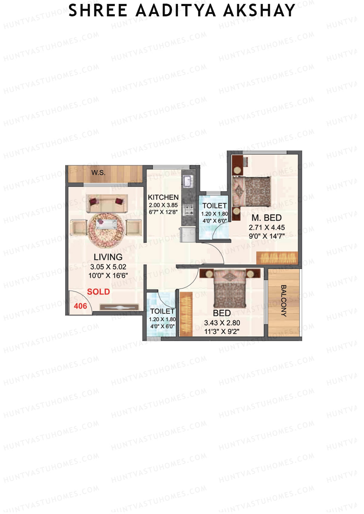Shree Aaditya Akshay, Tower A, Unit 6, 2BHK, Carpet Area 502   sq ft 