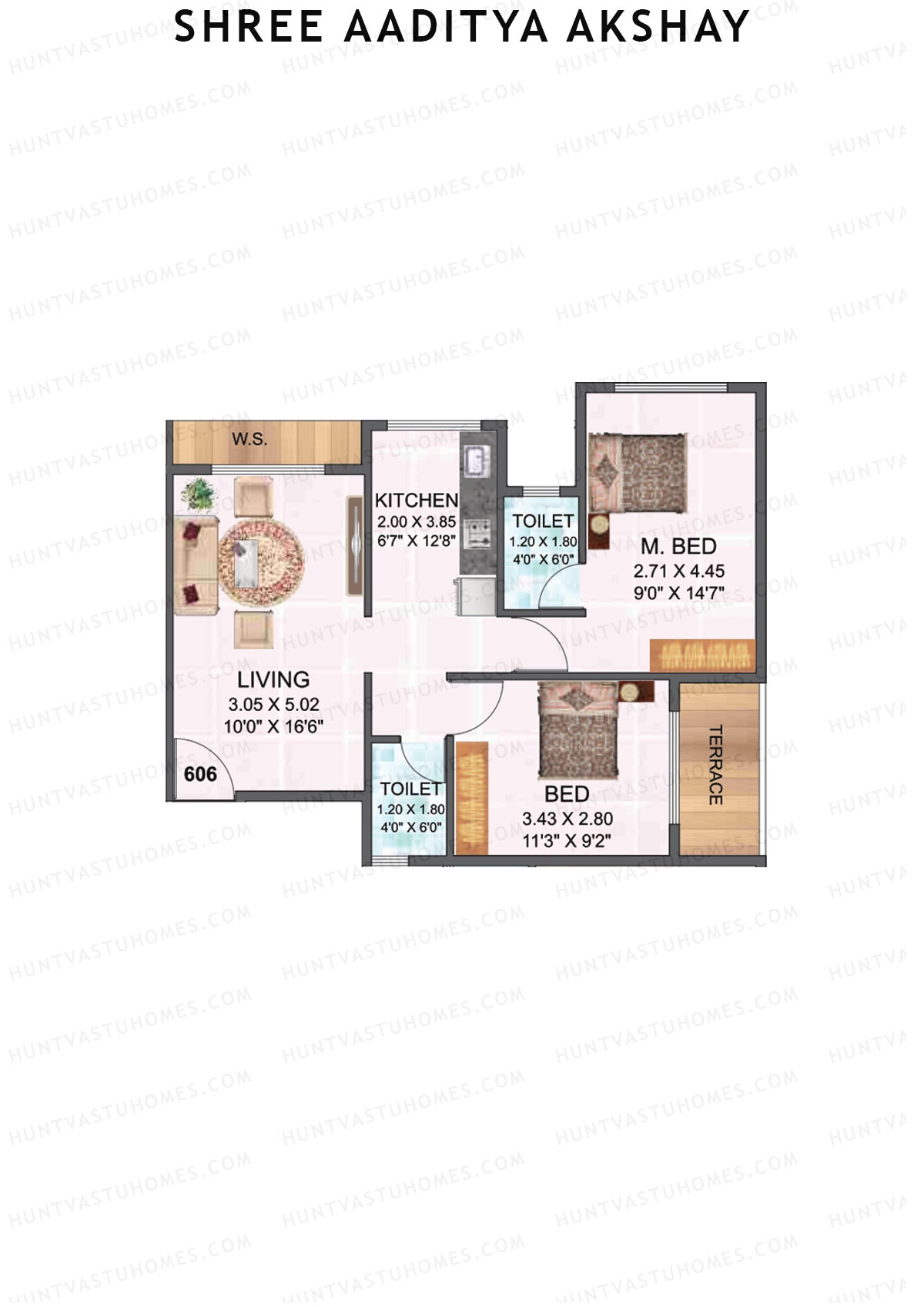 Shree Aaditya Akshay, Tower A, Unit 6, 2BHK, Carpet Area 502   sq ft 