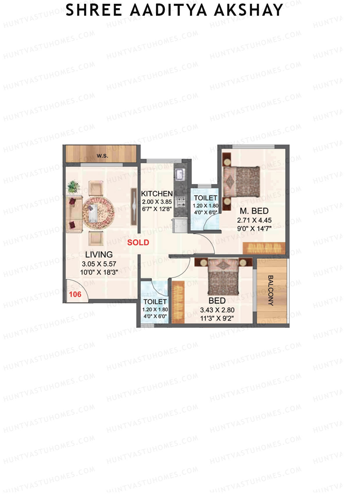 Shree Aaditya Akshay, Tower A, Unit 6, 2BHK, Carpet Area 422   sq ft 