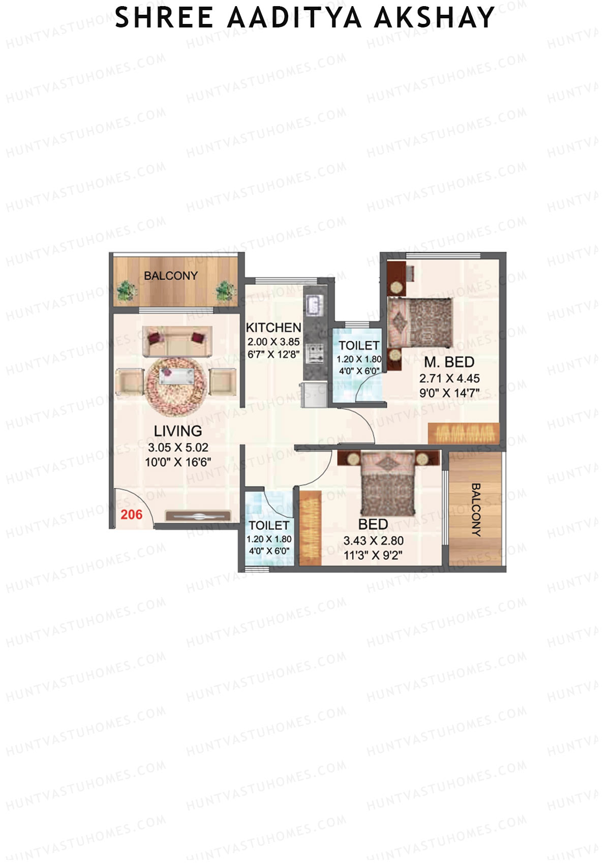 Shree Aaditya Akshay, Tower A, Unit 6, 2BHK, Carpet Area 502   sq ft 