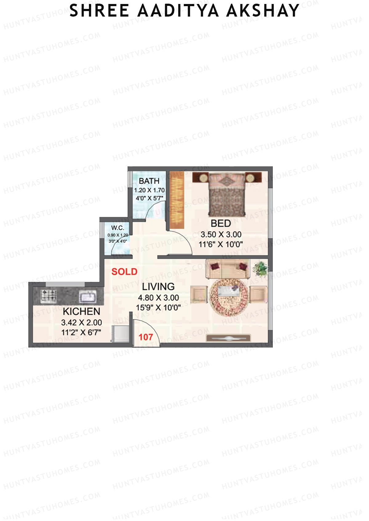 Shree Aaditya Akshay, Tower A, Unit 7, 1BHK, Carpet Area 313   sq ft 