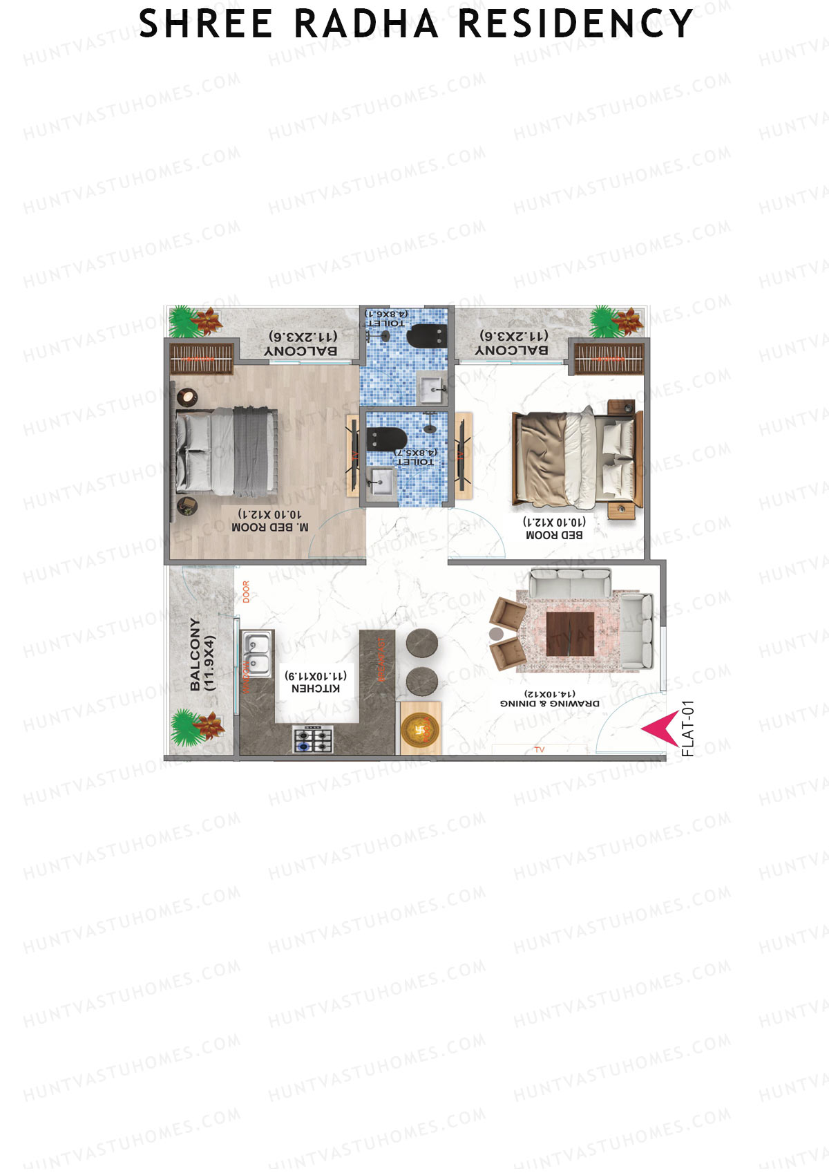 Shree Radha Residency, Tower A, Unit 1, 2BHK, Super Area 1050   sq ft 