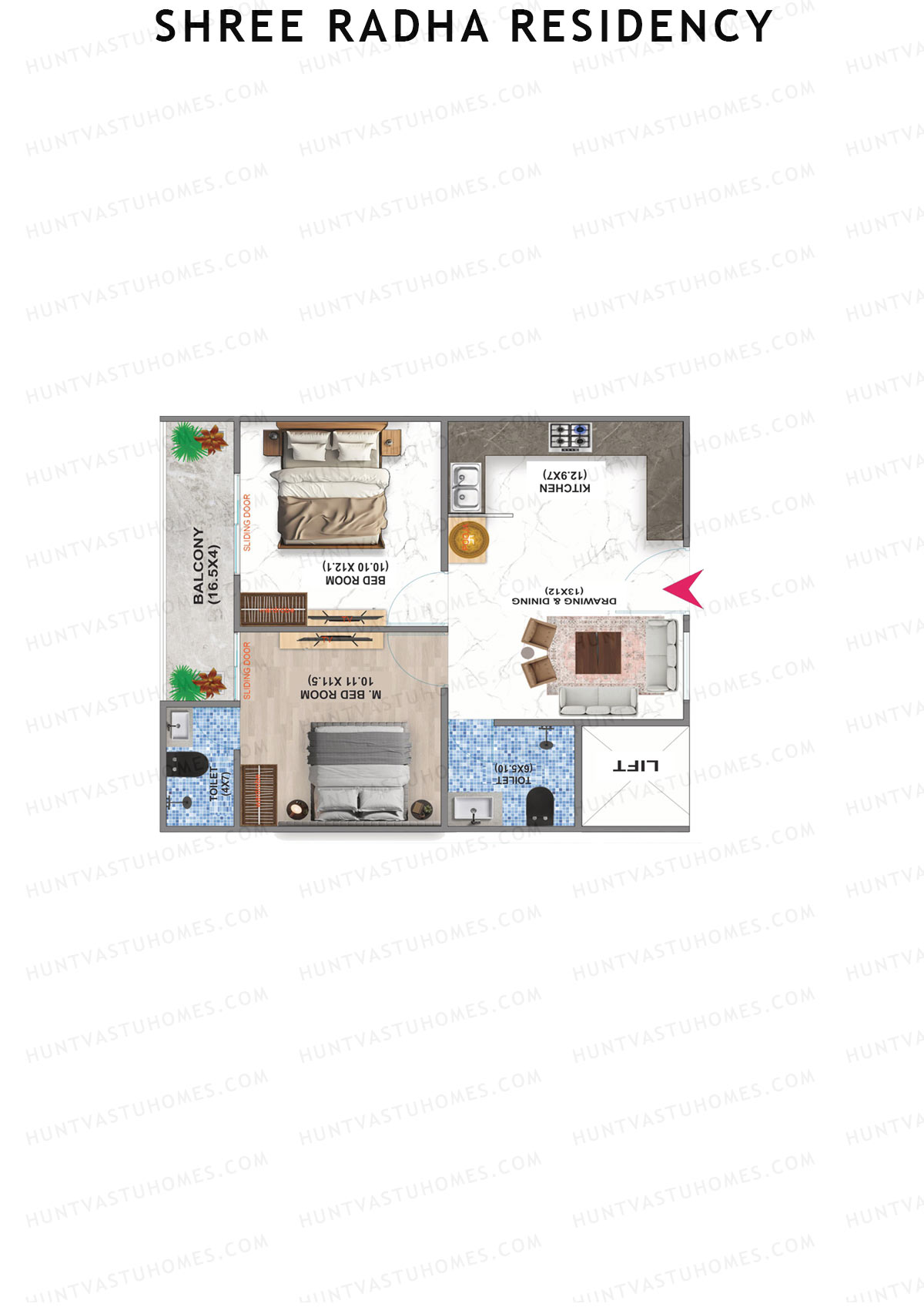 Shree Radha Residency, Tower A, Unit 2, 2BHK, Super Area 900   sq ft 
