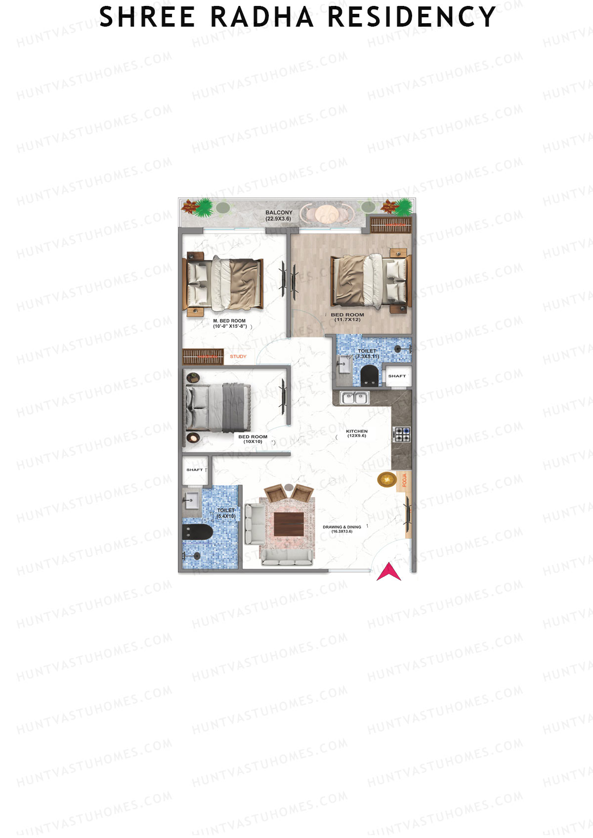 Shree Radha Residency, Tower A, Unit 3, 3BHK, Super Area 1550   sq ft 
