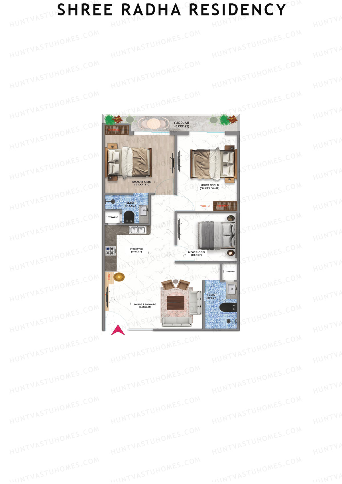 Shree Radha Residency, Tower A, Unit 4, 3BHK, Super Area 1550   sq ft 