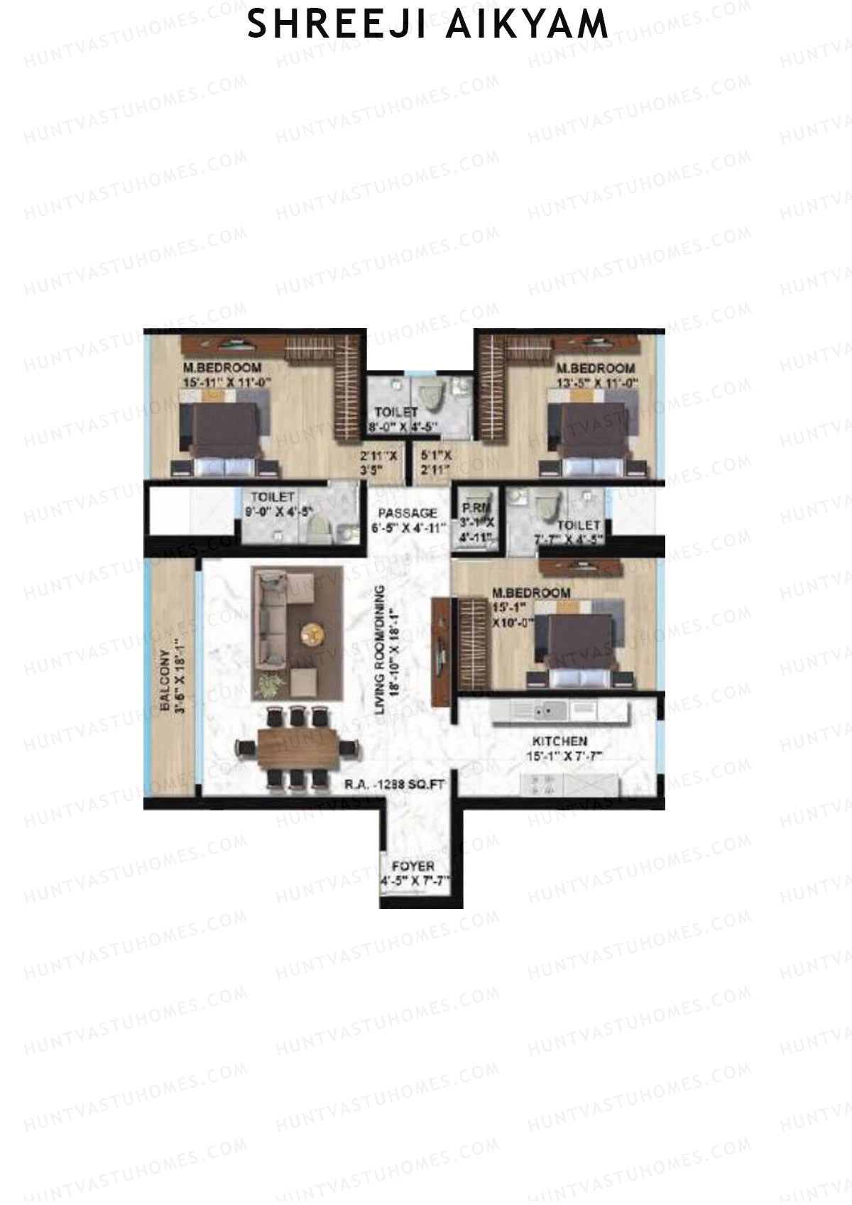 Shreeji Aikyam, Wing A, Unit 1, 3BHK, Carpet Area 1288   sq ft 