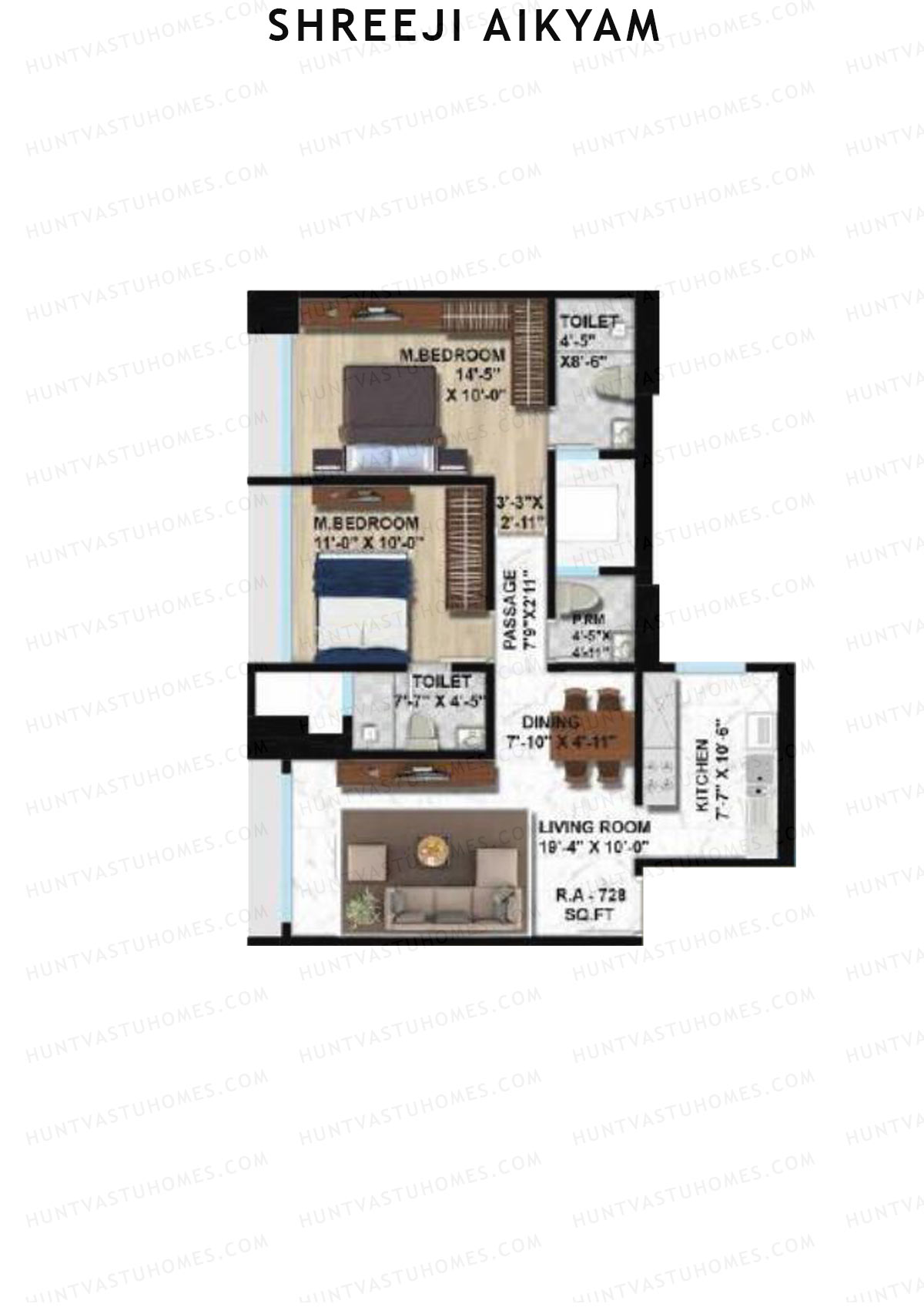 Shreeji Aikyam, Wing A, Unit 2, 2BHK, Carpet Area 728   sq ft 
