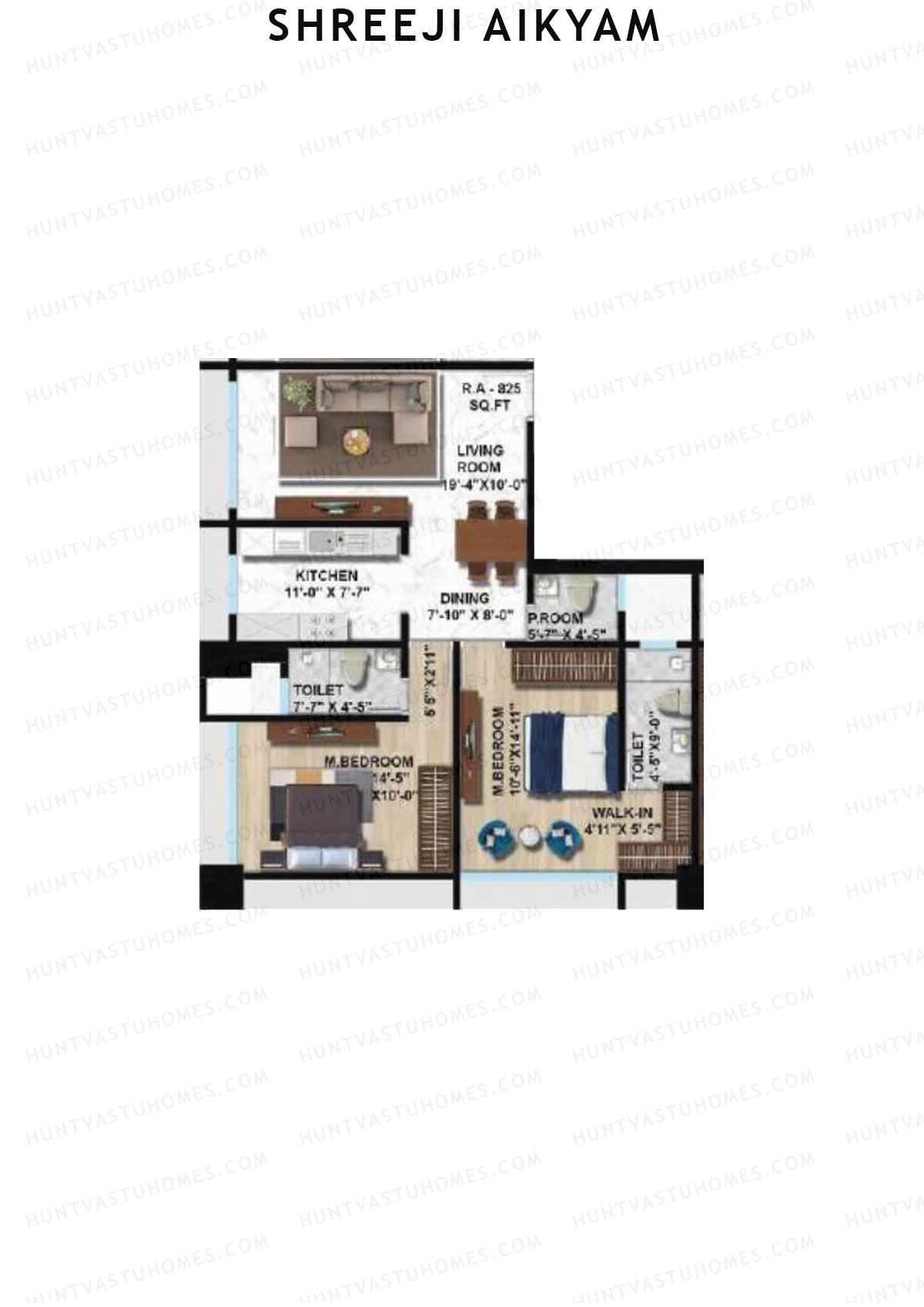 Shreeji Aikyam, Wing A, Unit 3, 2BHK, Carpet Area 825   sq ft 