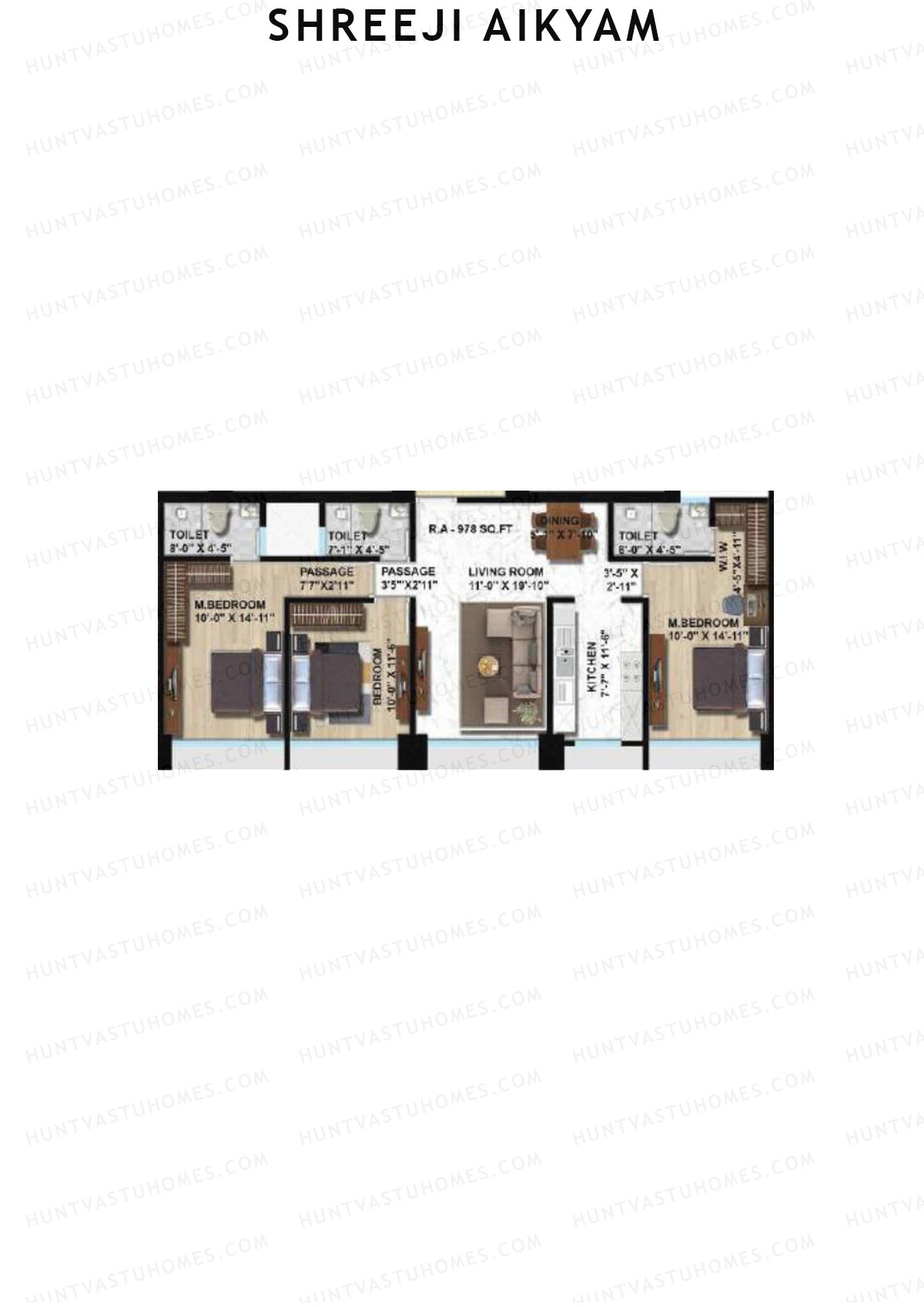 Shreeji Aikyam, Wing A, Unit 4, 3BHK, Carpet Area 978   sq ft 