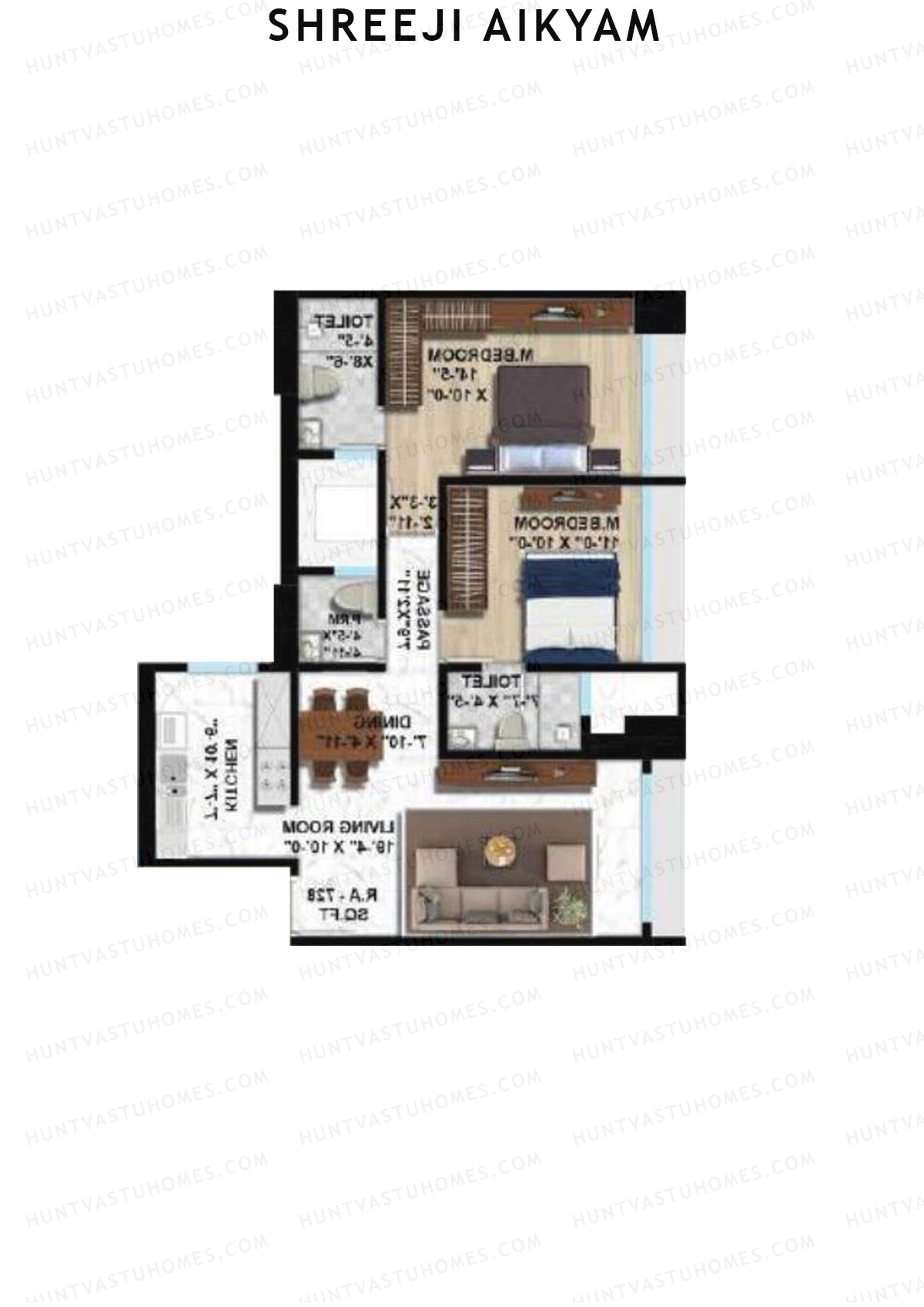Shreeji Aikyam, Wing A, Unit 6, 2BHK, Carpet Area 728   sq ft 