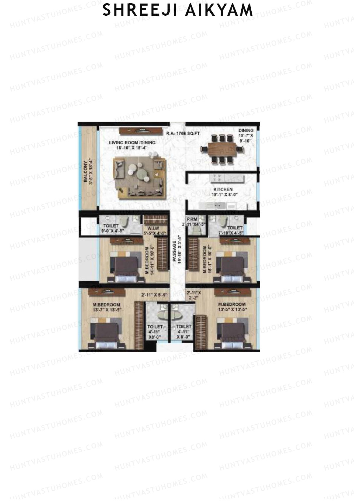 Shreeji Aikyam, Wing B, Unit 1, 4BHK, Carpet Area 1768   sq ft 