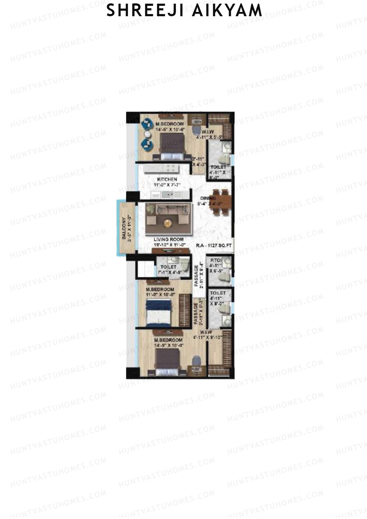 Shreeji Aikyam, Wing B, Unit 2, 3BHK, Carpet Area 1127   sq ft 