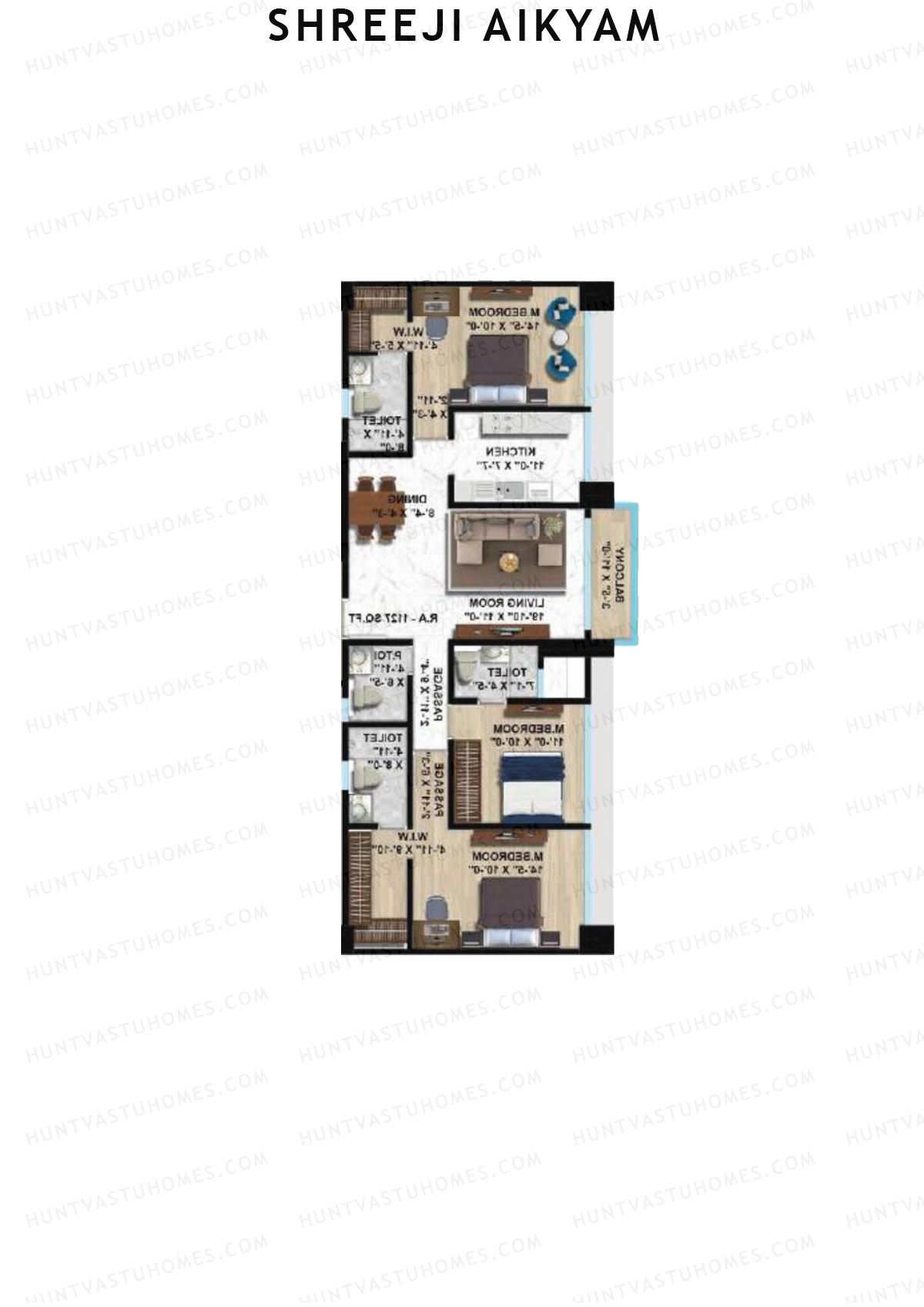 Shreeji Aikyam, Wing B, Unit 3, 3BHK, Carpet Area 1127   sq ft 