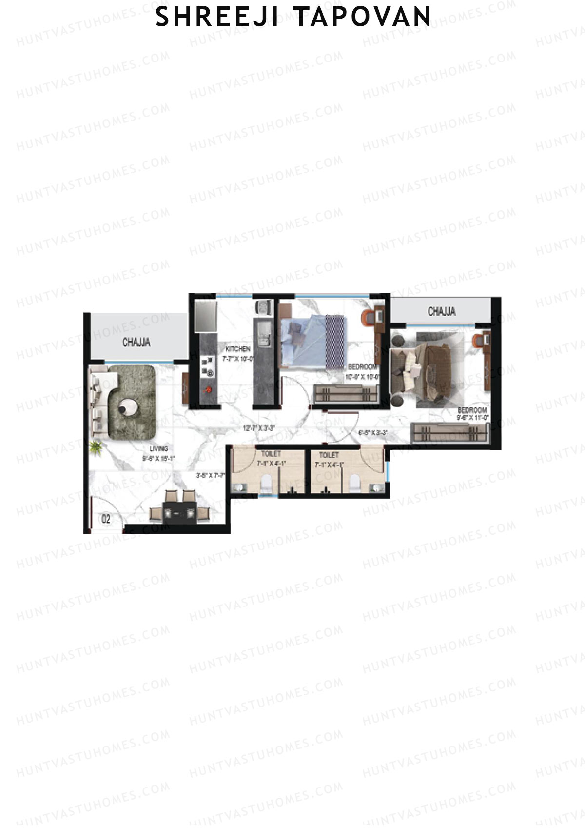 Shreeji Tapovan, Tapovan, Unit 2, 2BHK, Carpet Area 609   sq ft 