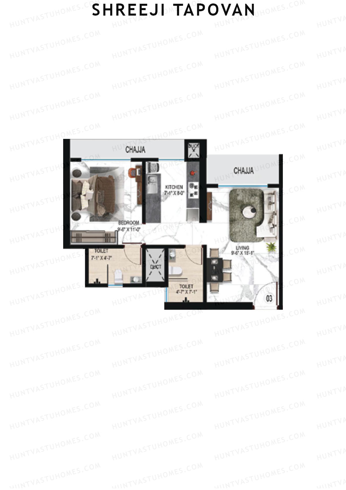 Shreeji Tapovan, Tapovan, Unit 3, 1BHK, Carpet Area 419   sq ft 