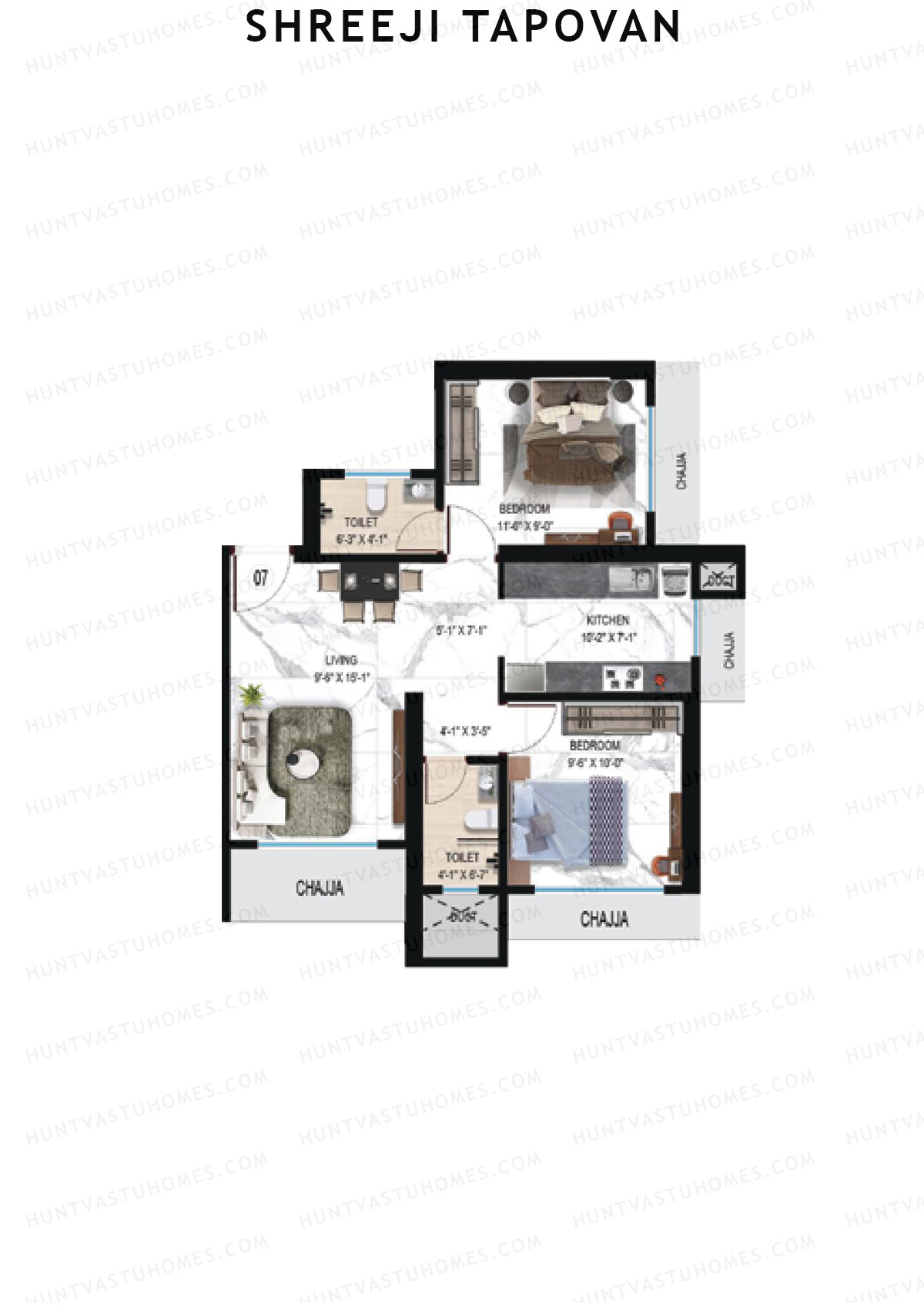 Shreeji Tapovan, Tapovan, Unit 7, 2BHK, Carpet Area 560   sq ft 