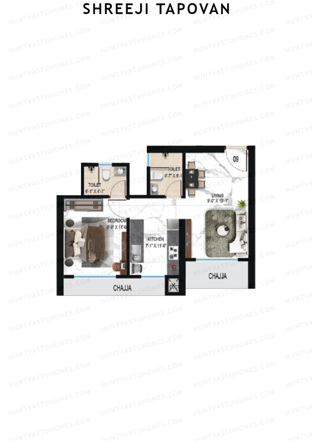 Shreeji Tapovan, Tapovan, Unit 9, 1BHK, Carpet Area 399   sq ft 