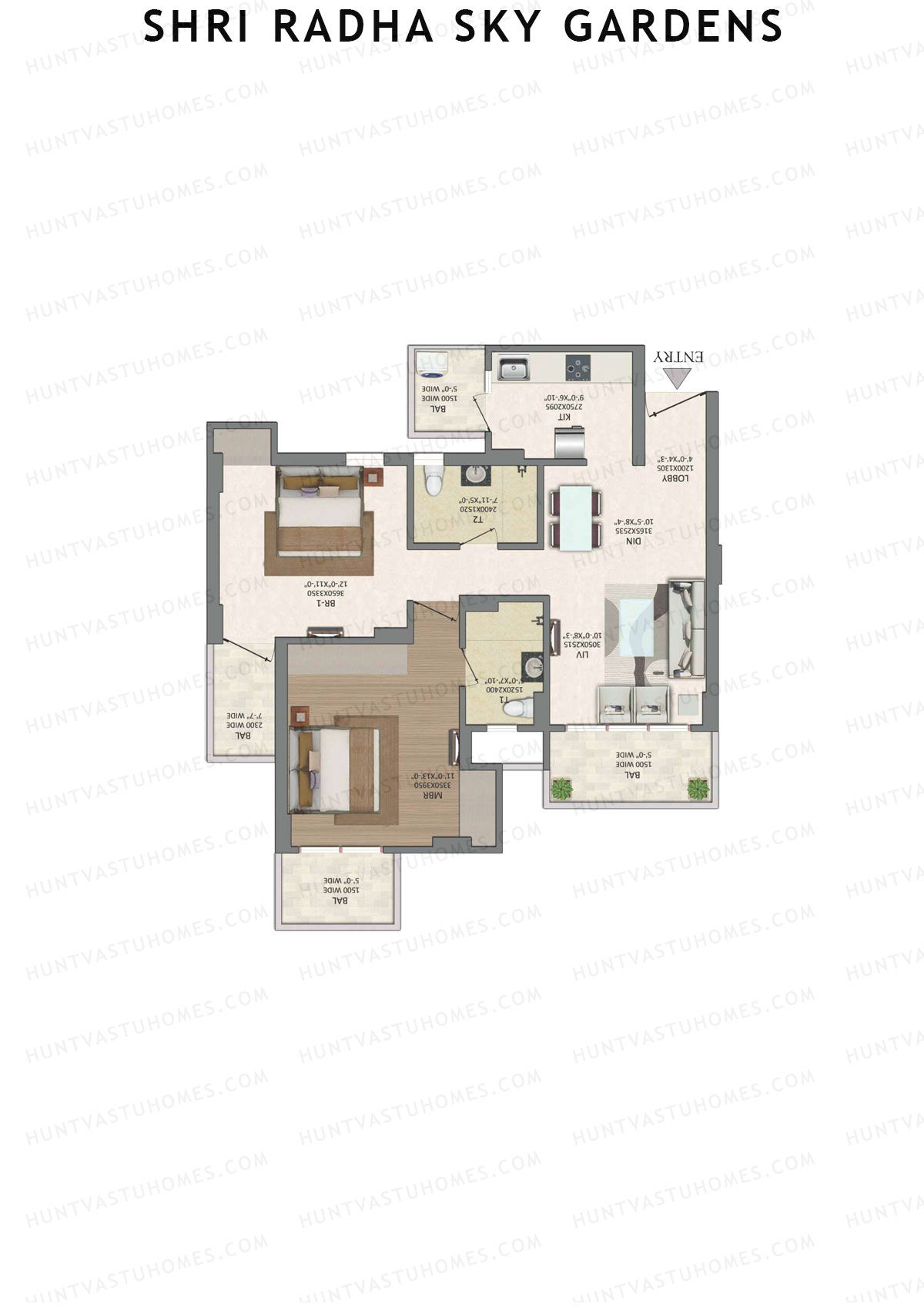 Shri Radha Sky Gardens, Tower 10, Unit 3 (Type B), 2BHK, Super Area 1182   sq ft 