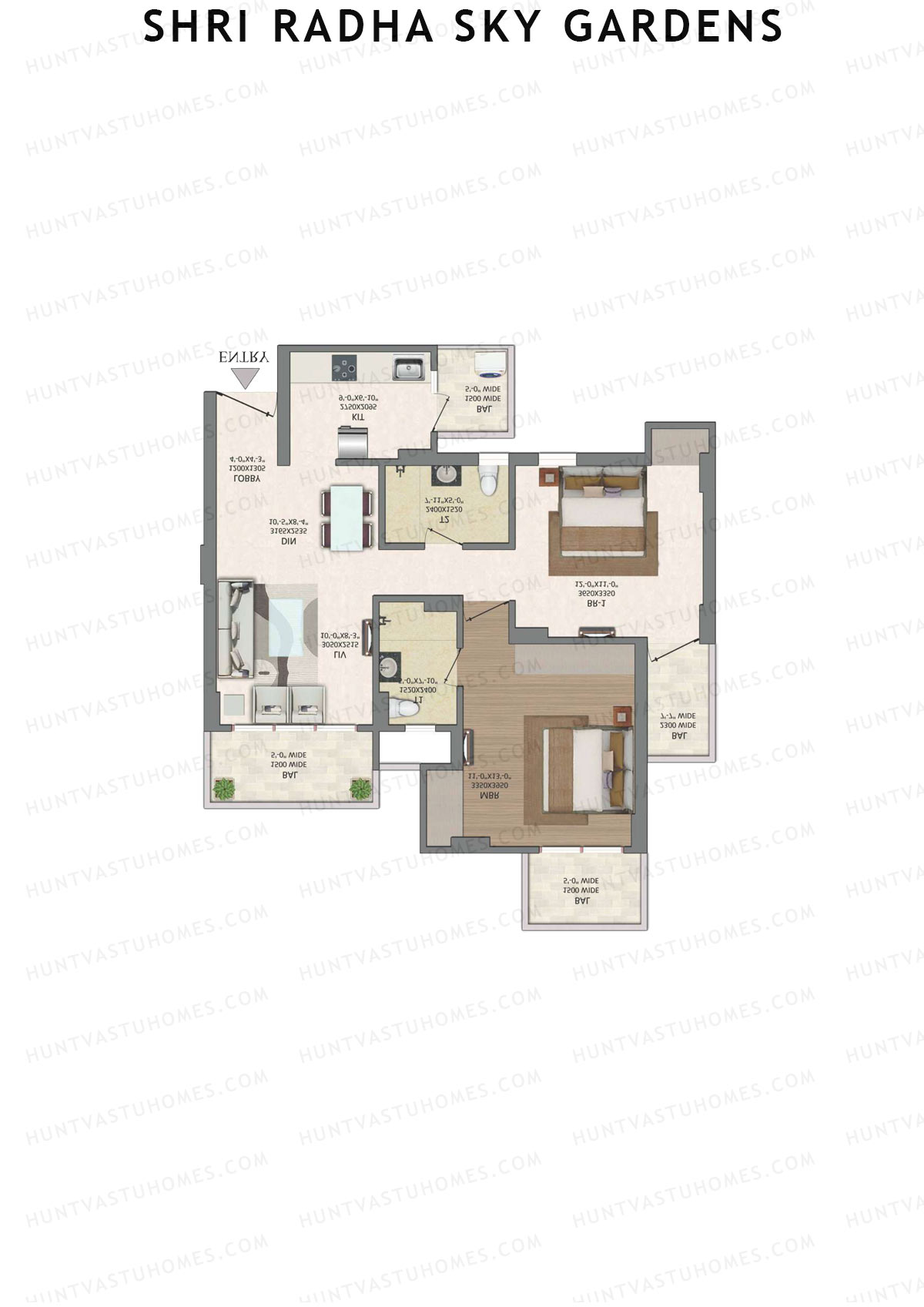 Shri Radha Sky Gardens, Tower 10, Unit 6 (Type B), 2BHK, Super Area 1182   sq ft 