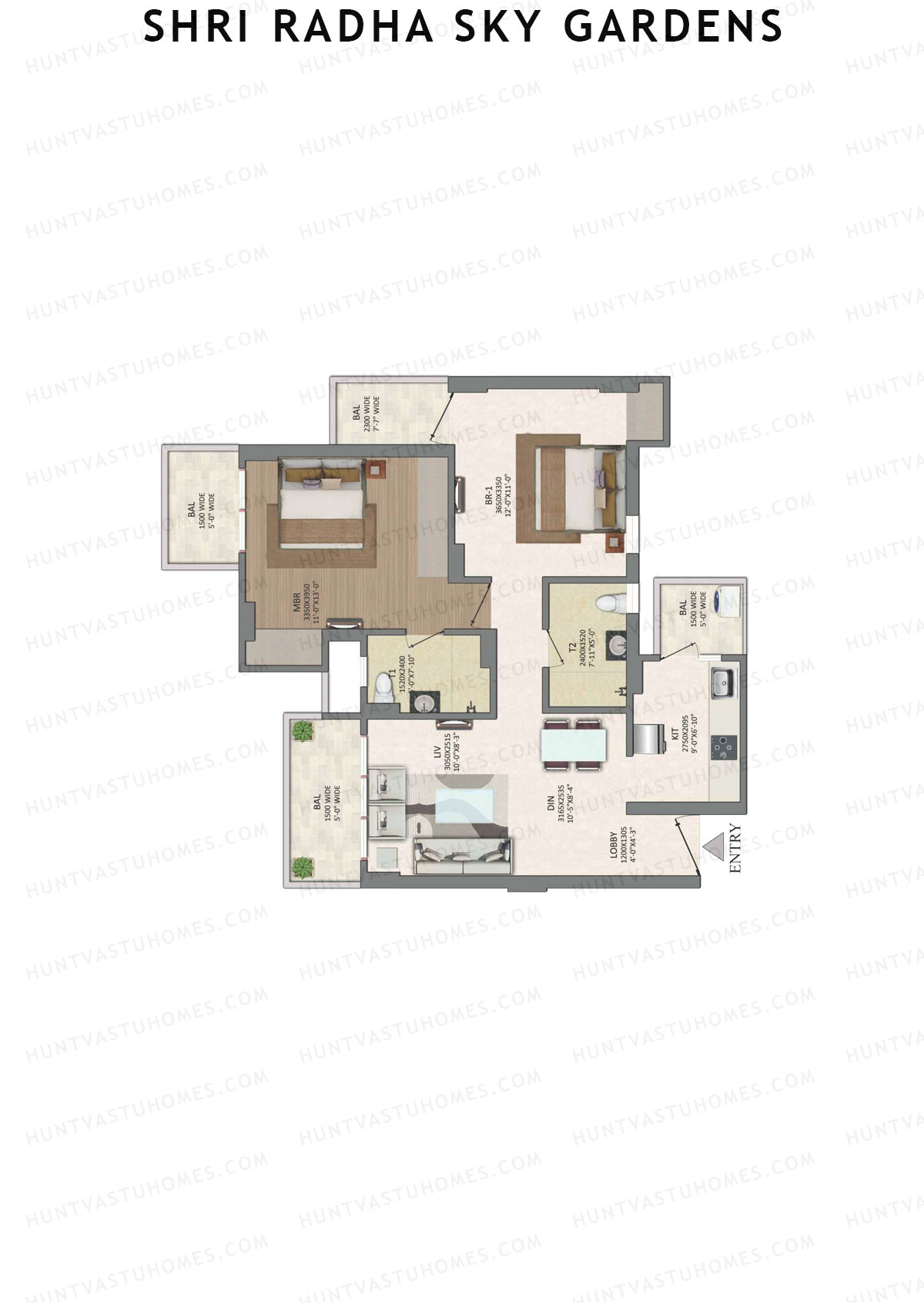 Shri Radha Sky Gardens, Tower 11, Unit 1 (Type B), 2BHK, Super Area 1182   sq ft 