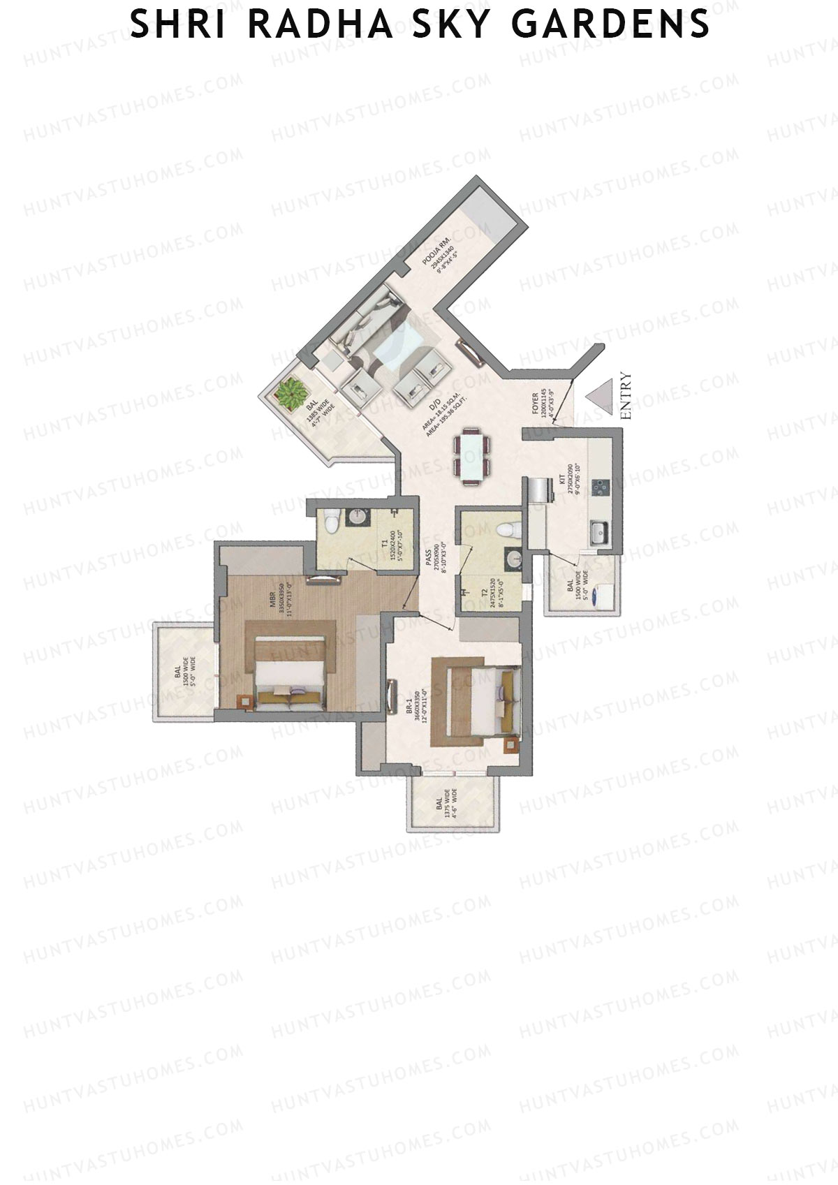 Shri Radha Sky Gardens, Tower 11, Unit 4 (Type C), 2BHK, Super Area 1286   sq ft 