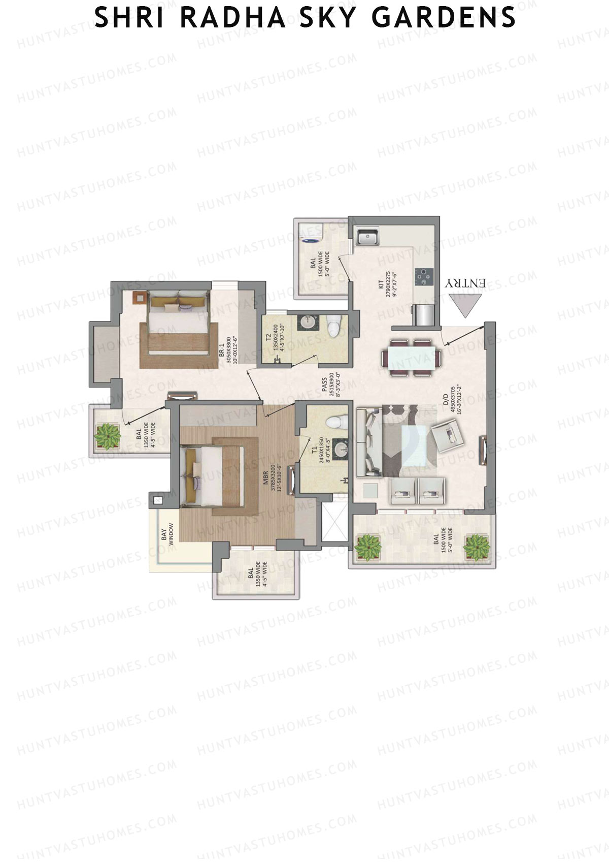 Shri Radha Sky Gardens, Tower 12, Unit 3 (Type 4), 2BHK, Super Area 1200   sq ft 