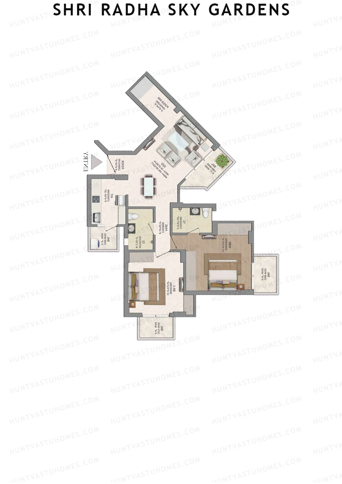 Shri Radha Sky Gardens, Tower 15, Unit 5 (Type C), 2BHK, Super Area 1286   sq ft 