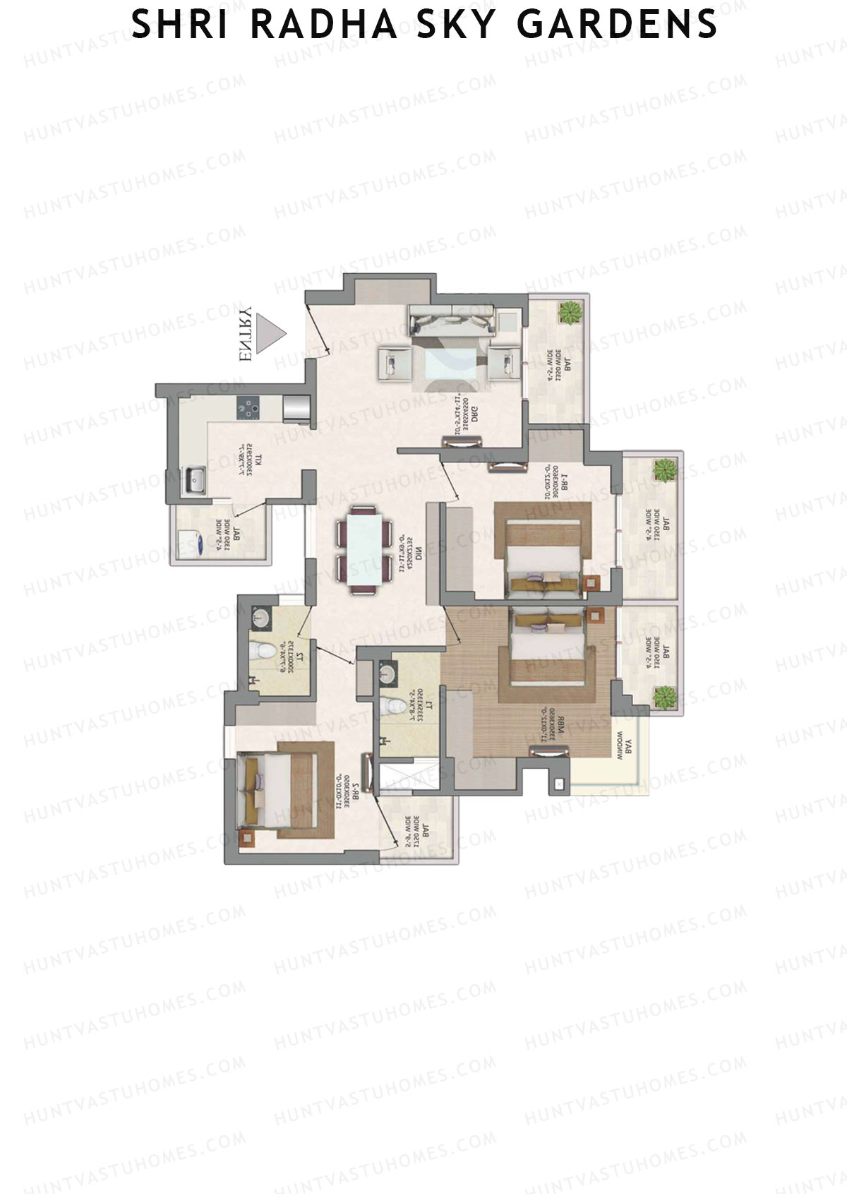 Shri Radha Sky Gardens, Tower 16, Unit 1 (Type 5), 3BHK, Super Area 1500   sq ft 