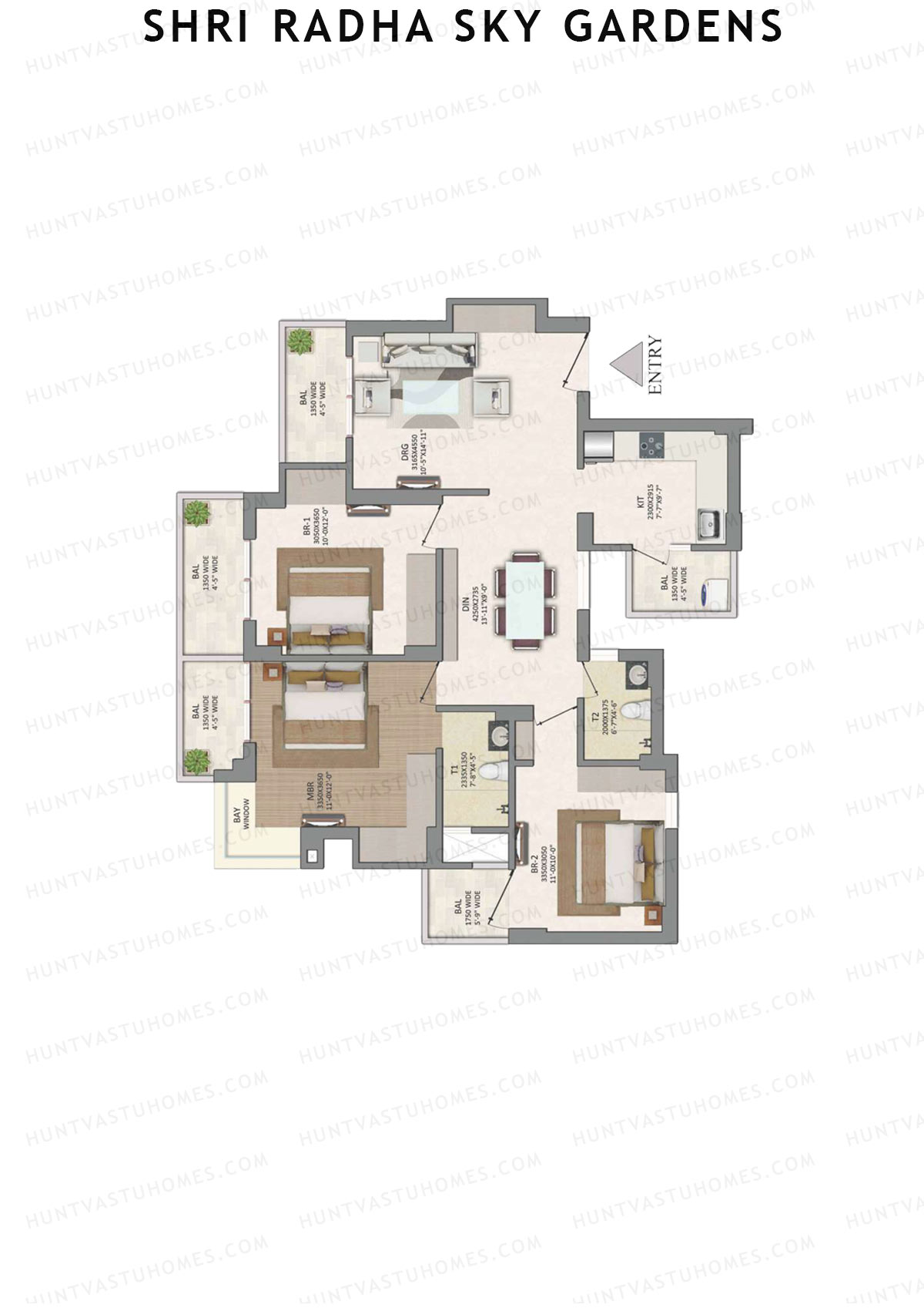 Shri Radha Sky Gardens, Tower 16, Unit 2 (Type 5), 3BHK, Super Area 1500   sq ft 