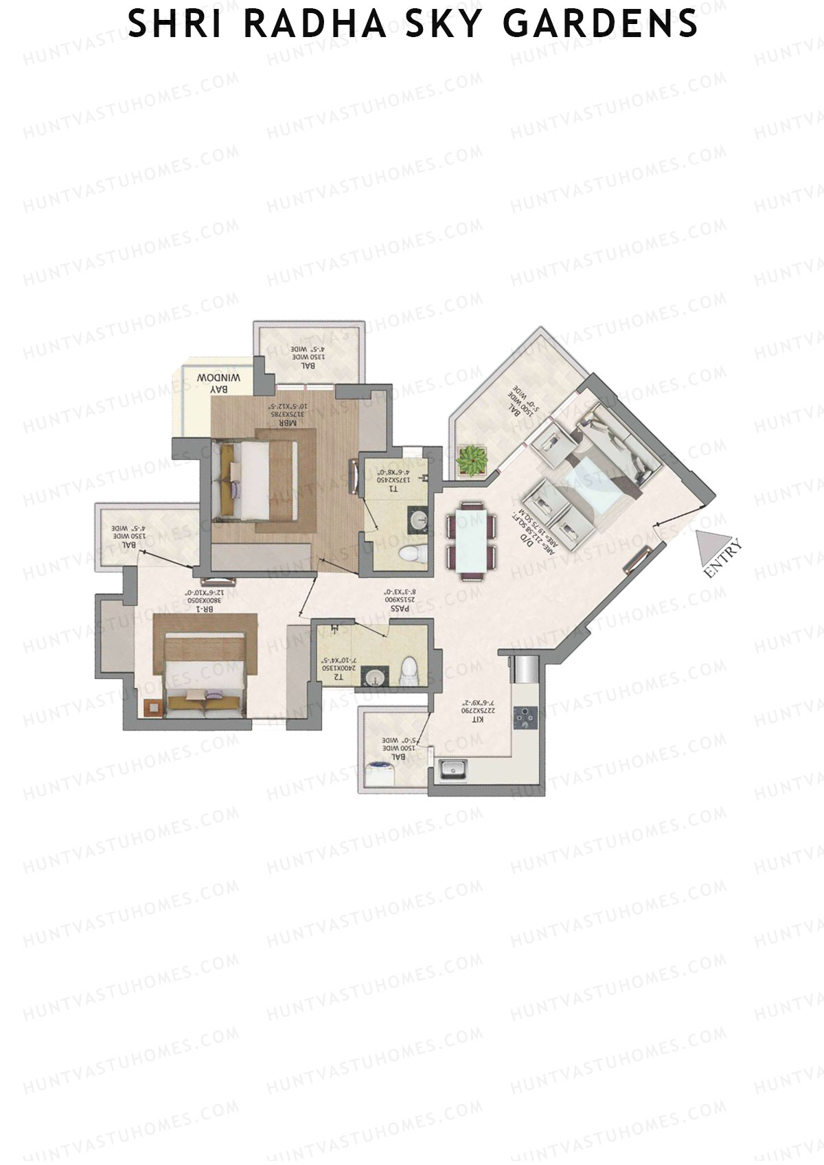 Shri Radha Sky Gardens, Tower 16, Unit 4 (Type 3), 2BHK, Super Area 1200   sq ft 